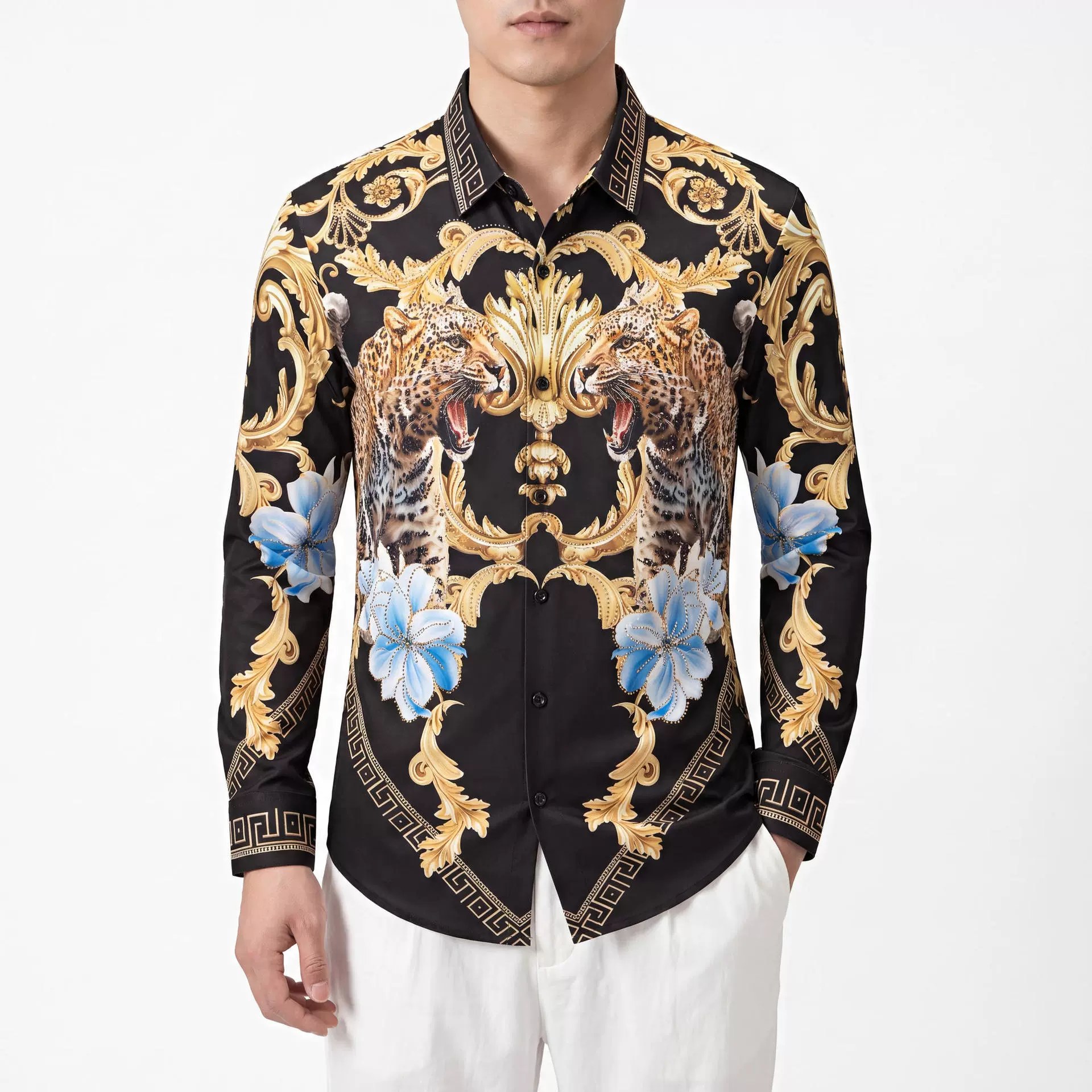 Double Leopard Palace Rhinestone 3D Print Long Sleeve Shirt view 2