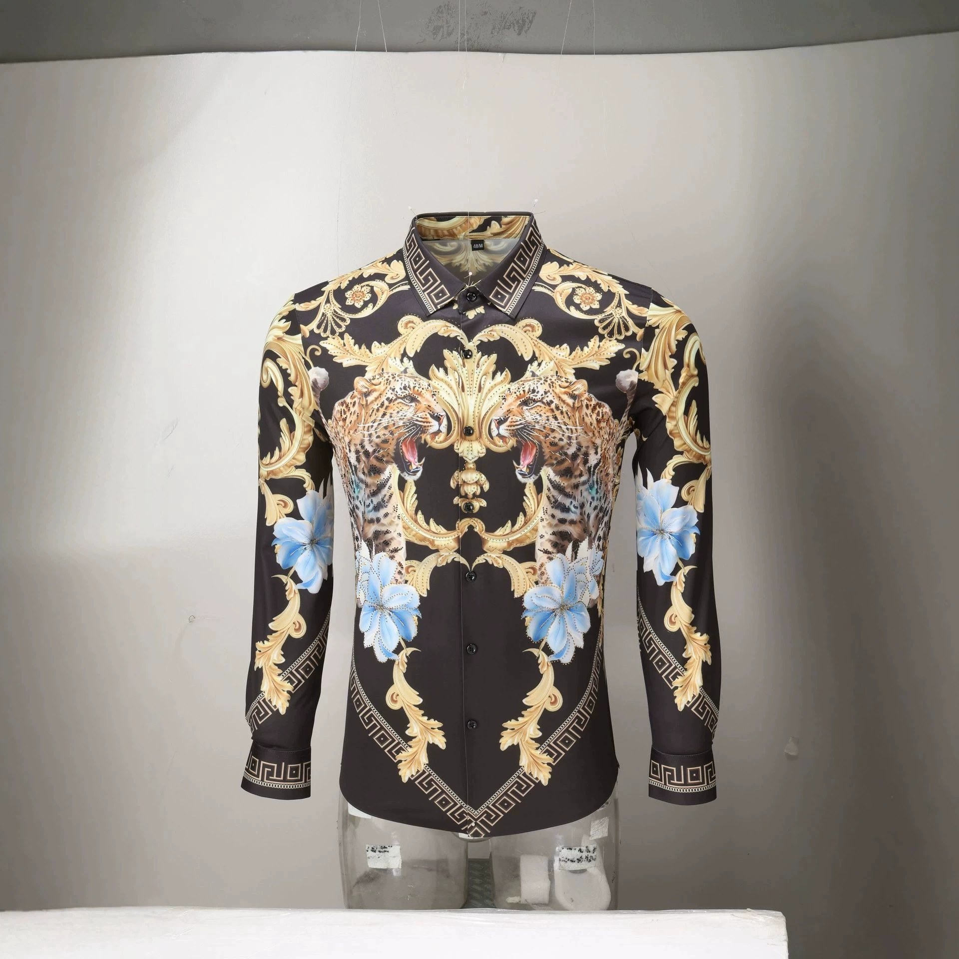 Double Leopard Palace Rhinestone 3D Print Long Sleeve Shirt view 3
