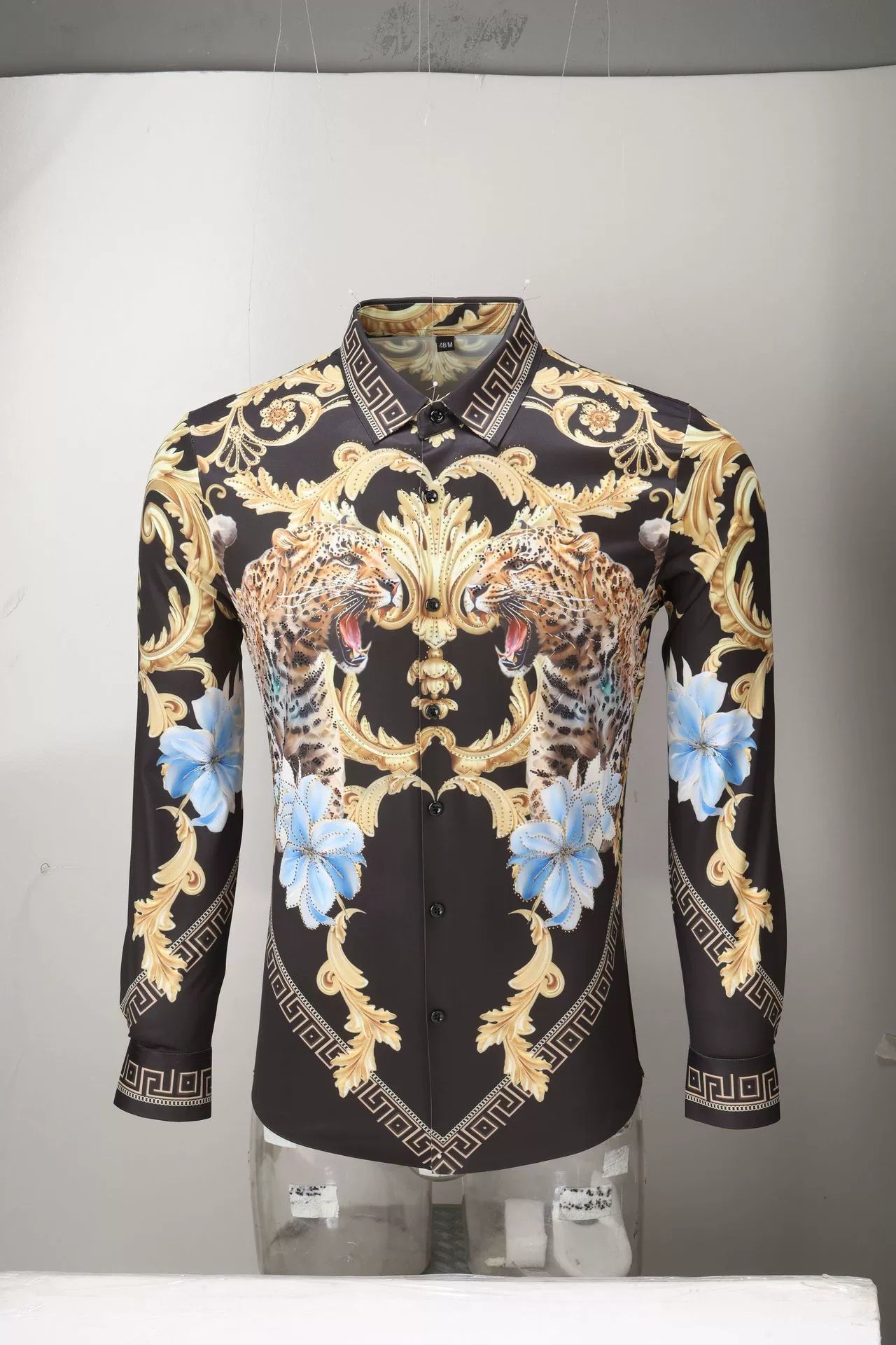 Double Leopard Palace Rhinestone 3D Print Long Sleeve Shirt view 7