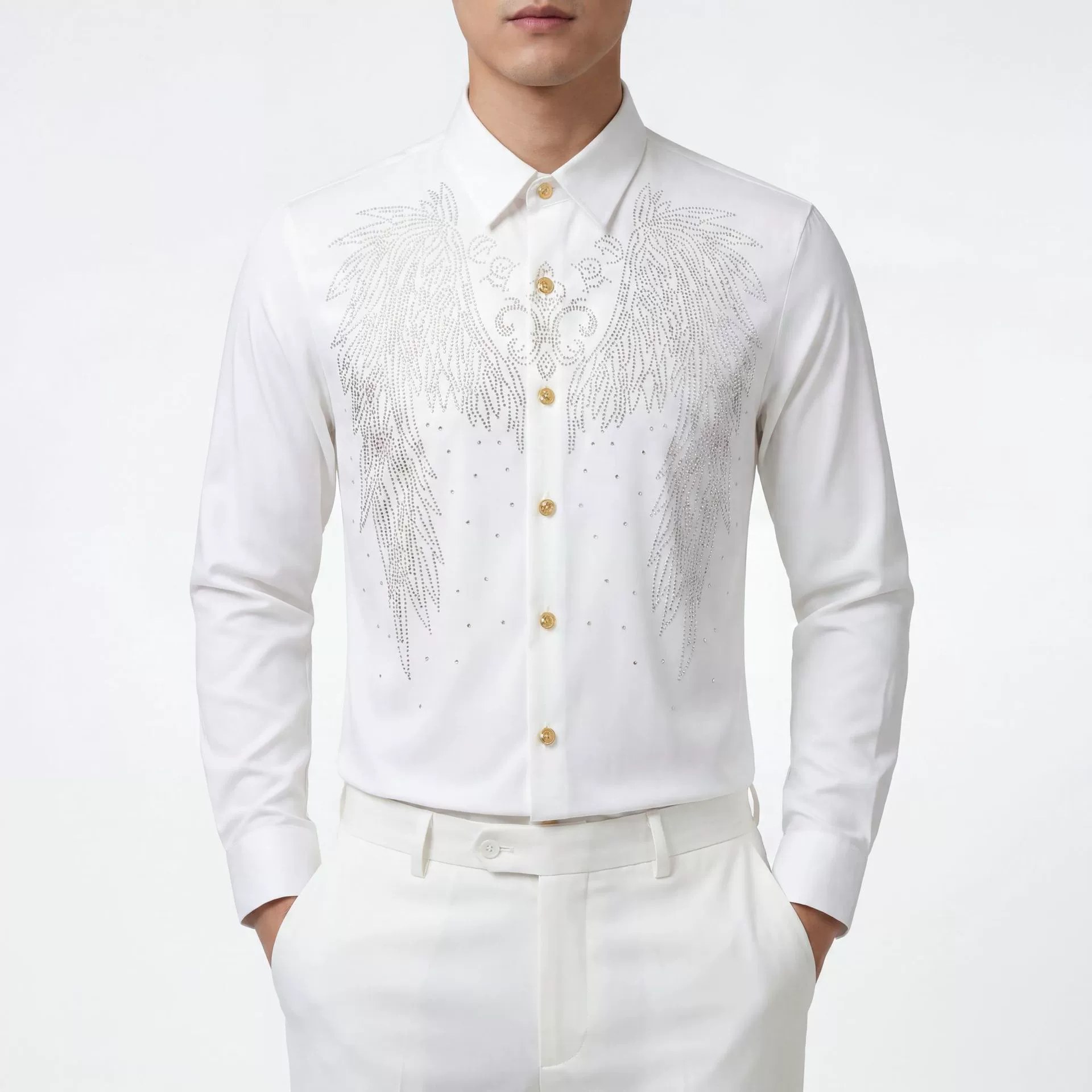 Full Rhinestone Wing Print Slim Long Sleeve Shirt — wholesale men's shirt from AUTOCNEX