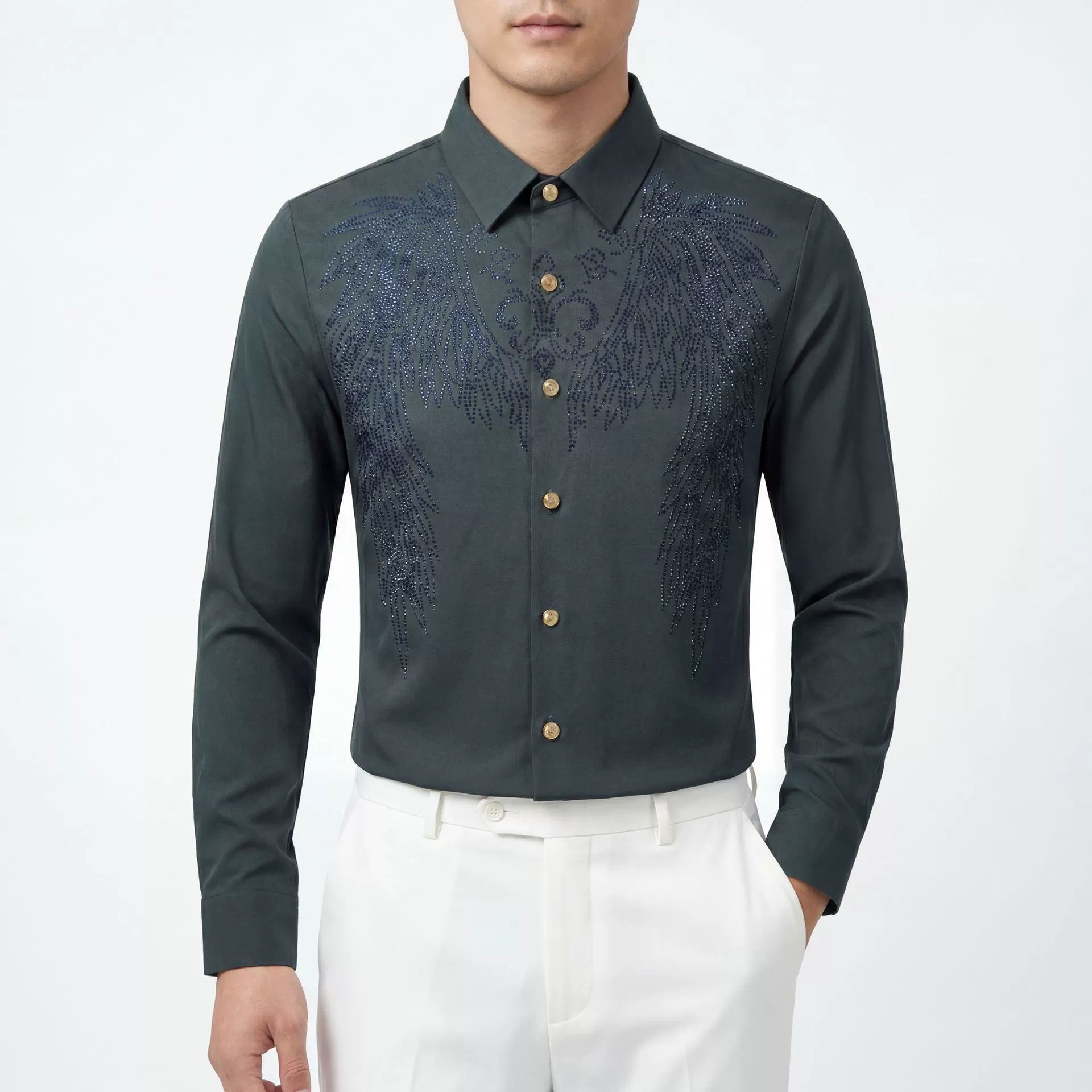 Full Rhinestone Wing Print Slim Long Sleeve Shirt view 2