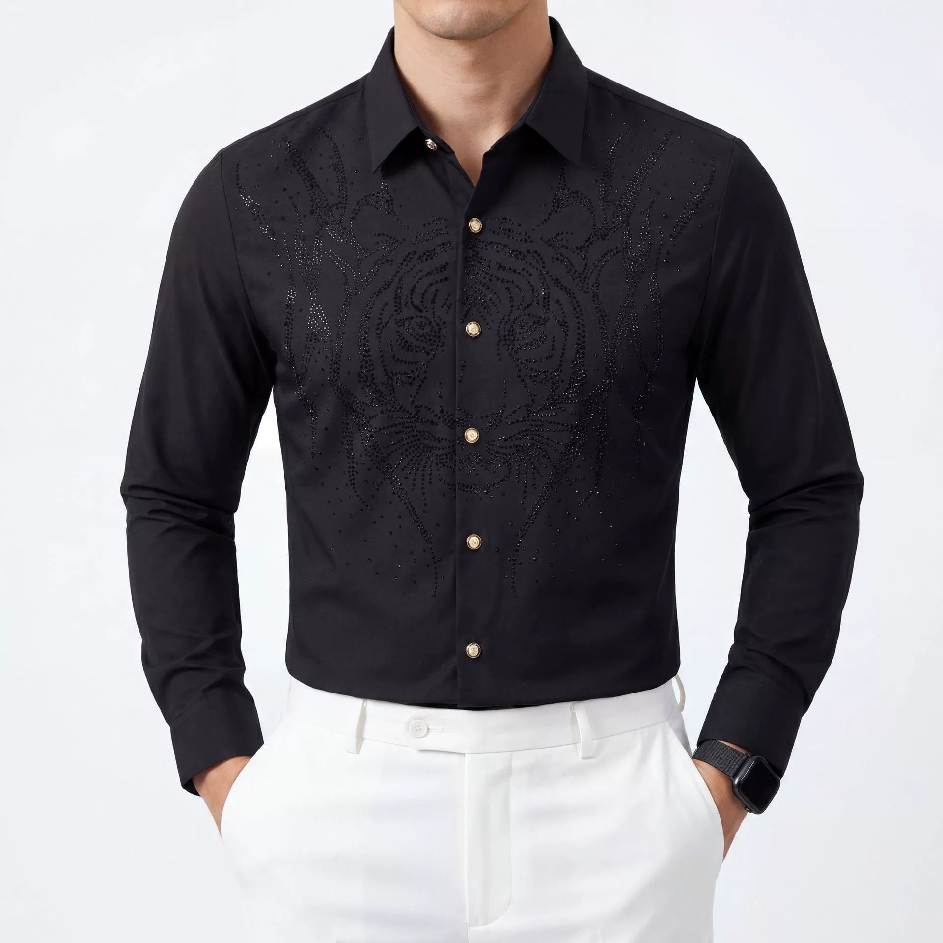 Full Rhinestone Wing Print Slim Long Sleeve Shirt view 3
