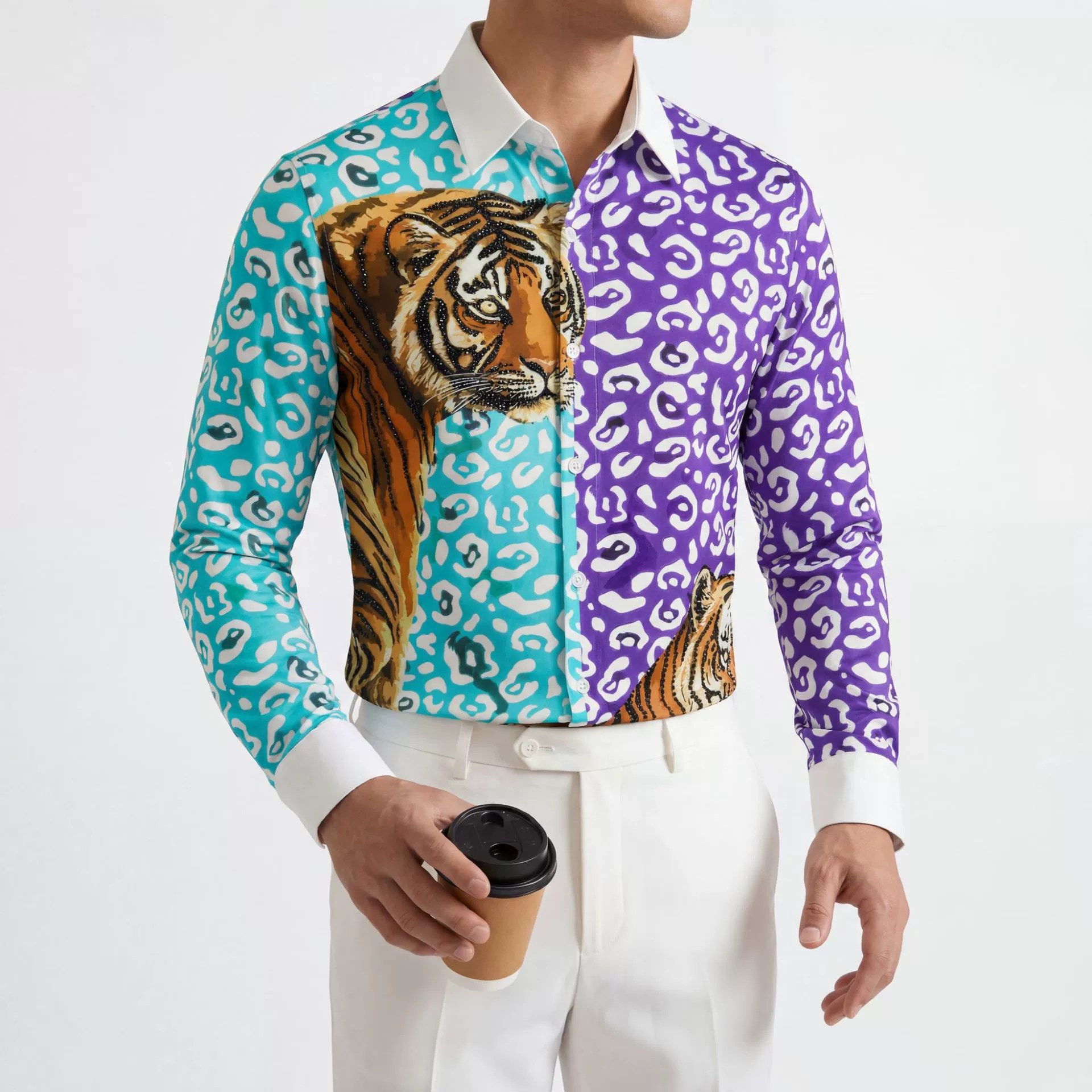 Tiger Print Rhinestone Slim Long Sleeve Shirt — wholesale men's shirt from AUTOCNEX