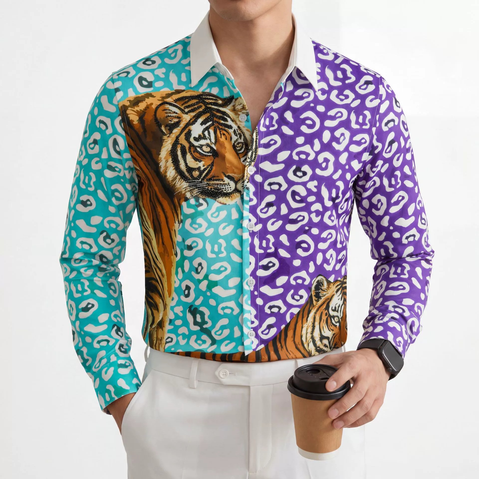 Tiger Print Rhinestone Slim Long Sleeve Shirt view 2