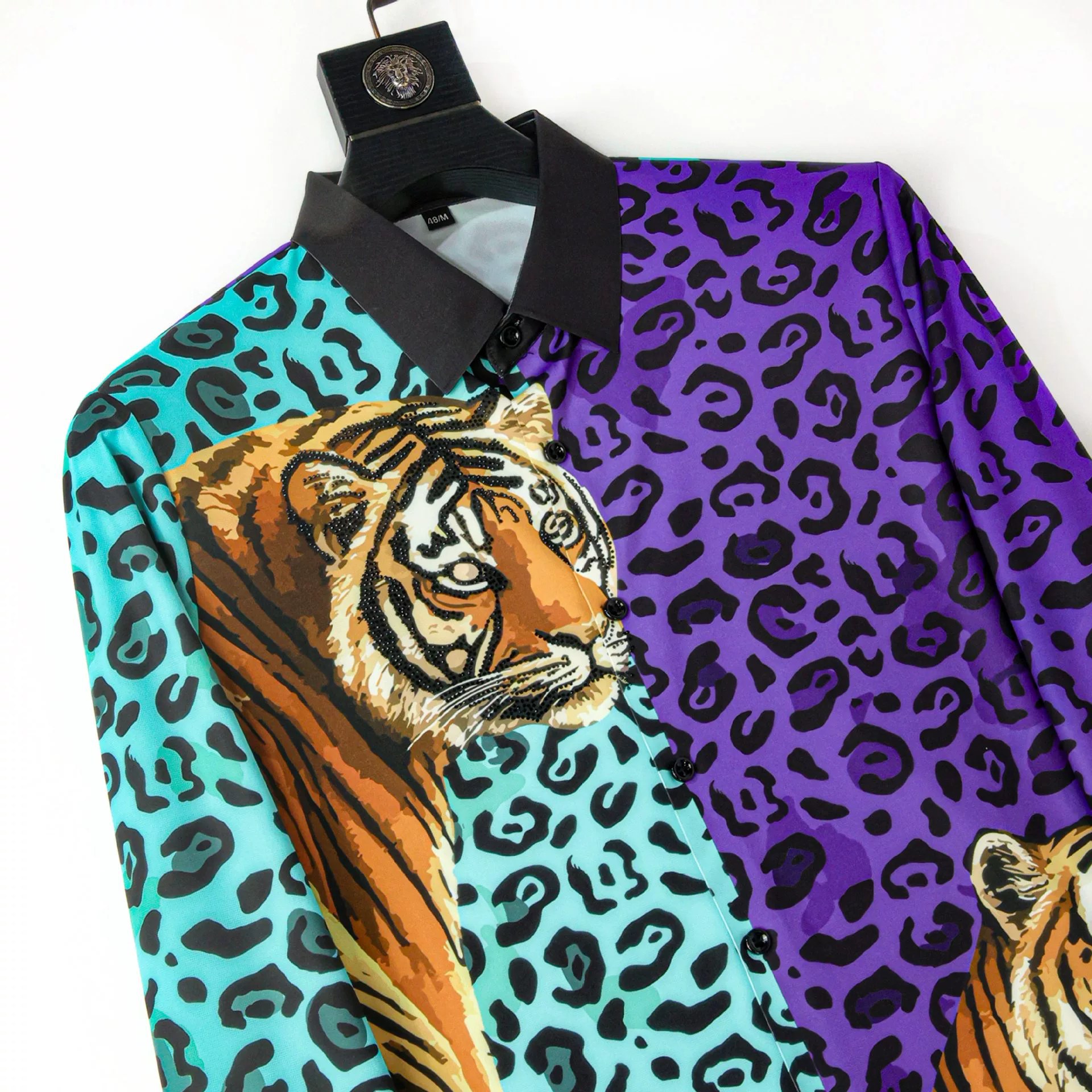 Tiger Print Rhinestone Slim Long Sleeve Shirt view 3
