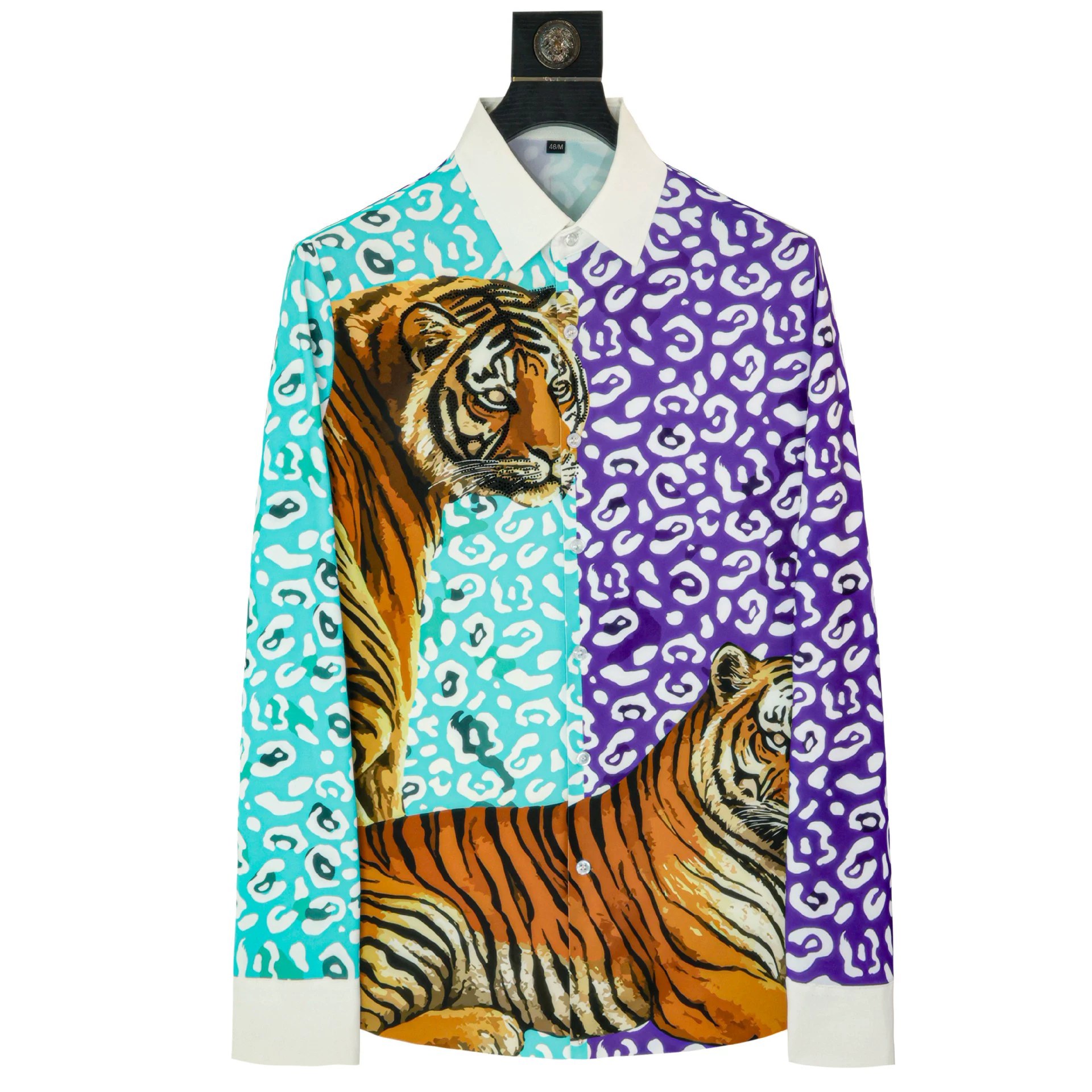 Tiger Print Rhinestone Slim Long Sleeve Shirt view 5