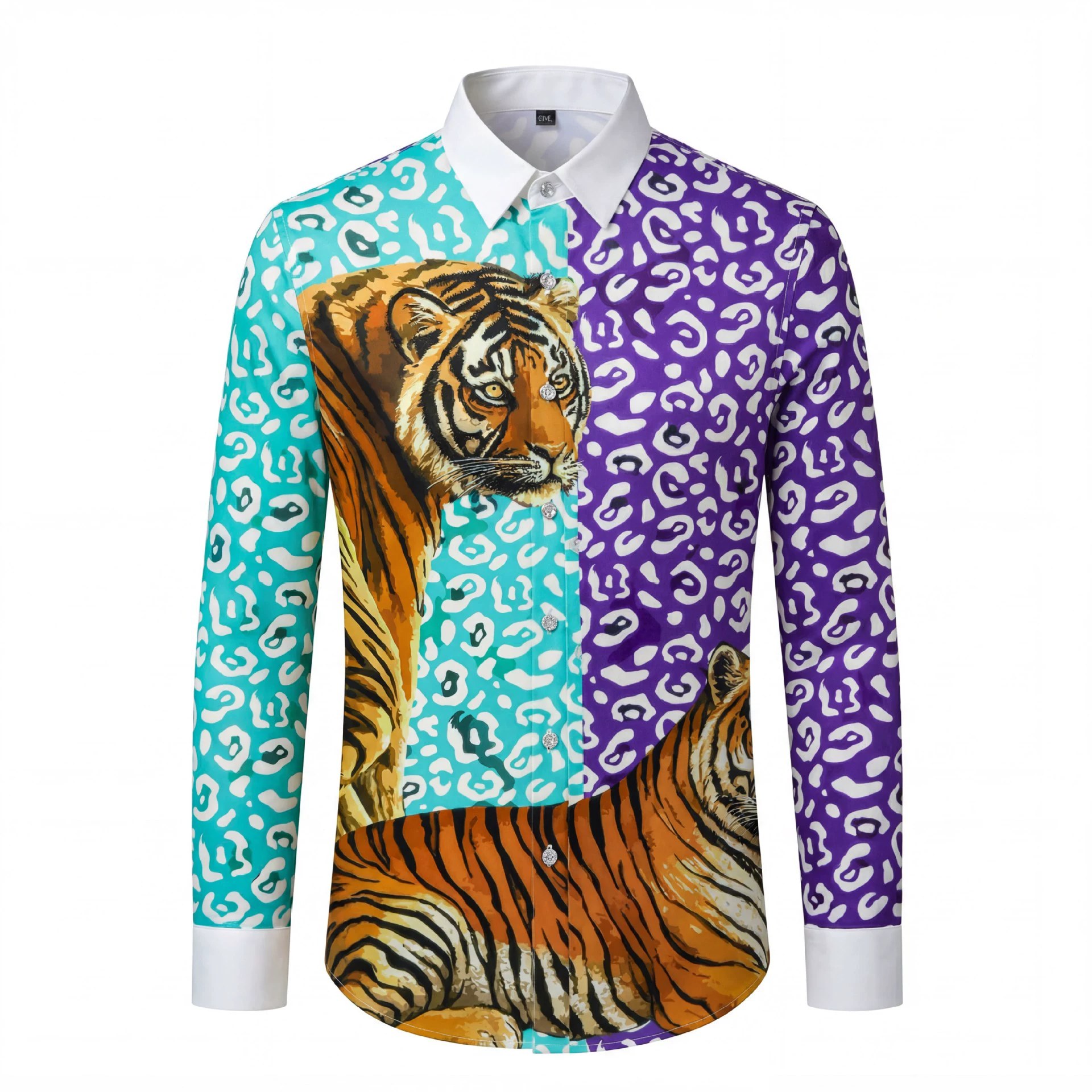 Tiger Print Rhinestone Slim Long Sleeve Shirt view 6