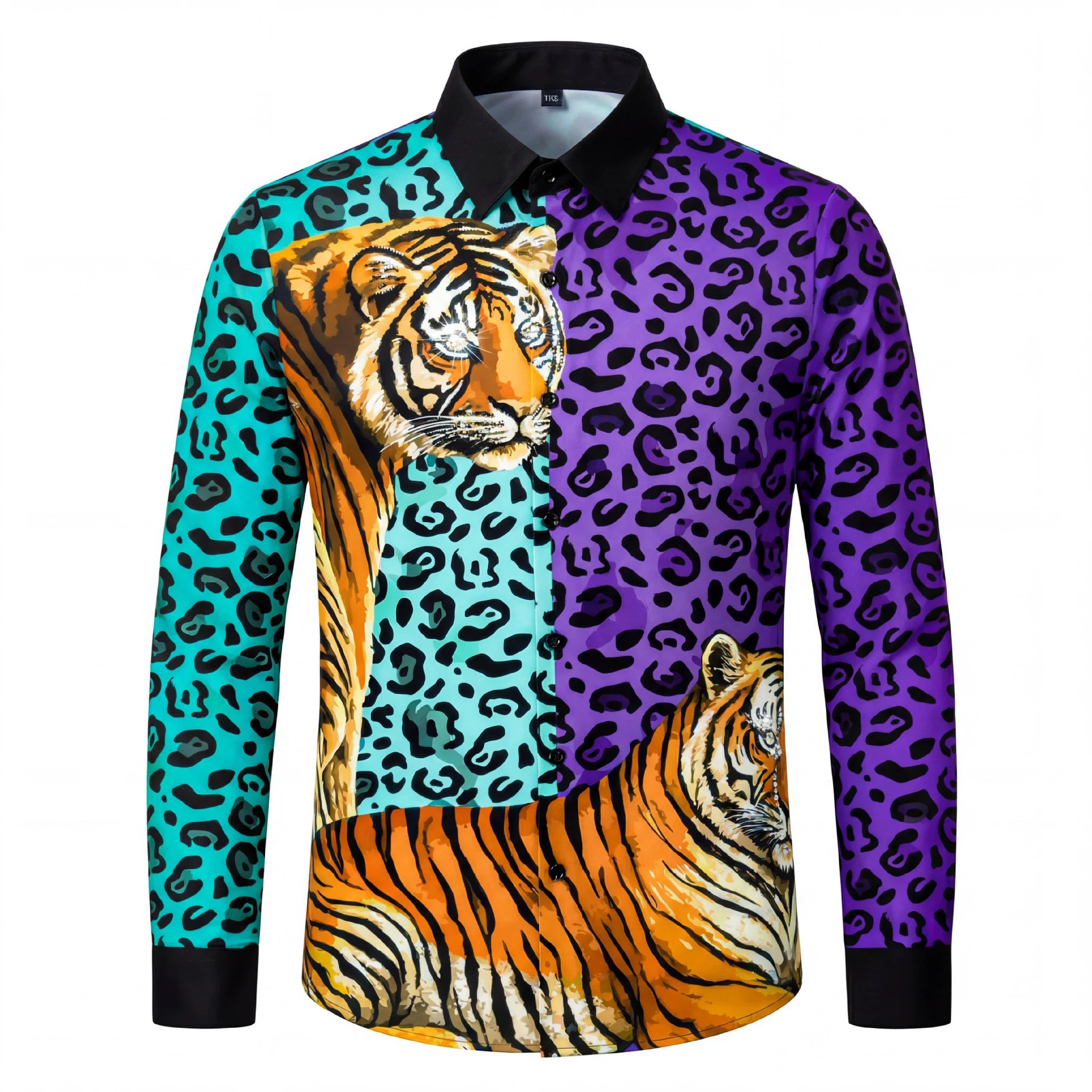 Tiger Print Rhinestone Slim Long Sleeve Shirt view 7