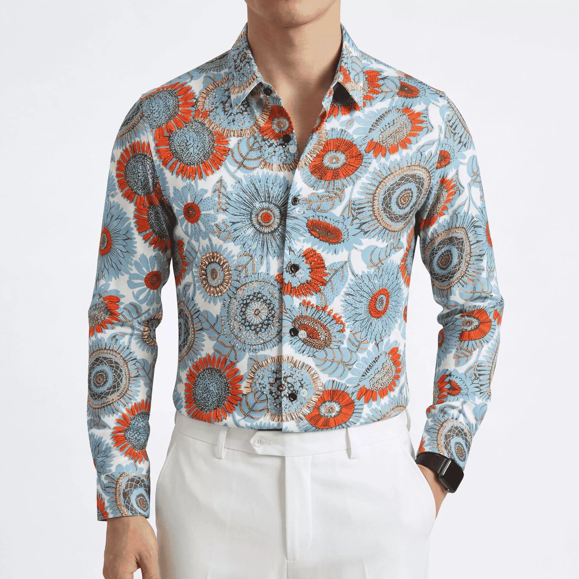 Vintage Sunflower Rhinestone Digital Print Long Sleeve Shirt — wholesale men's shirt from AUTOCNEX