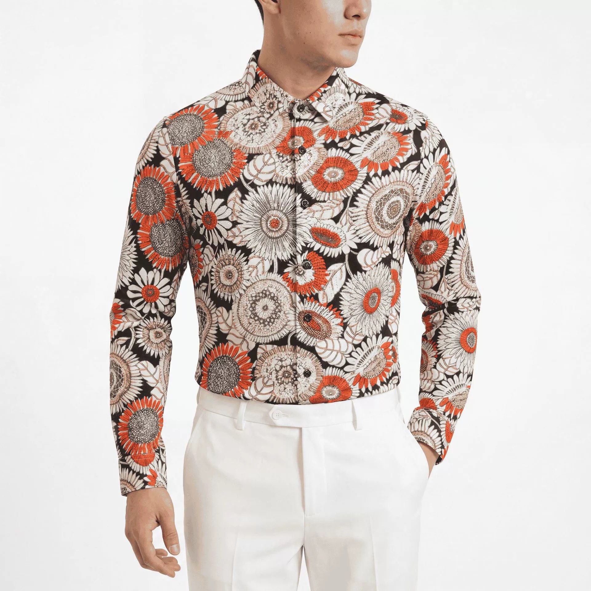 Vintage Sunflower Rhinestone Digital Print Long Sleeve Shirt view 2