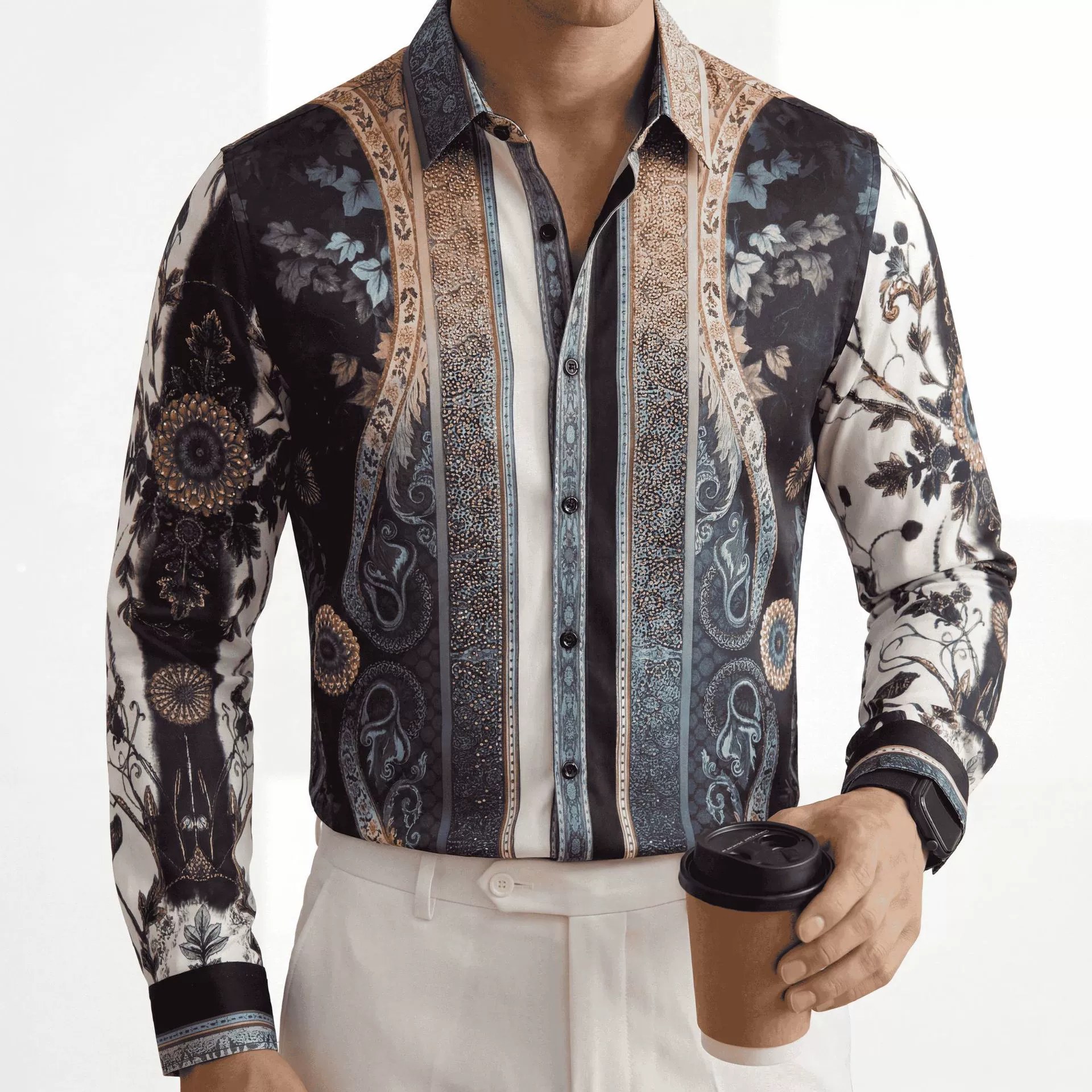 Vintage Paisley Rhinestone Digital Print Long Sleeve Shirt — wholesale men's shirt from AUTOCNEX