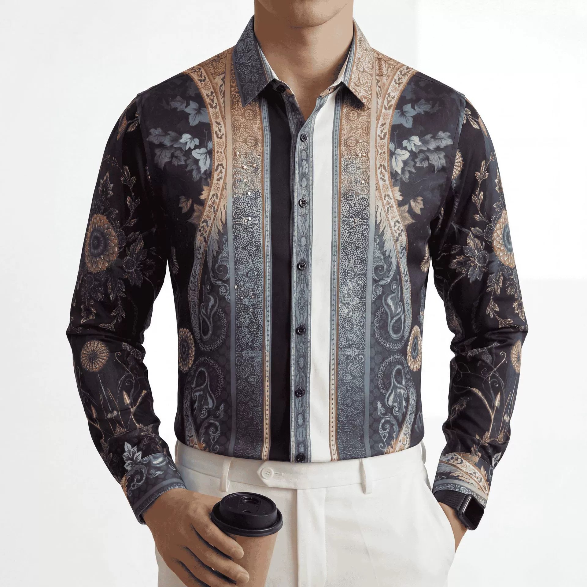 Vintage Paisley Rhinestone Digital Print Long Sleeve Shirt view 2
