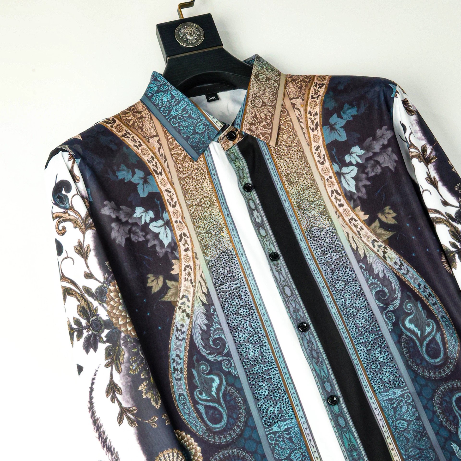 Vintage Paisley Rhinestone Digital Print Long Sleeve Shirt view 3