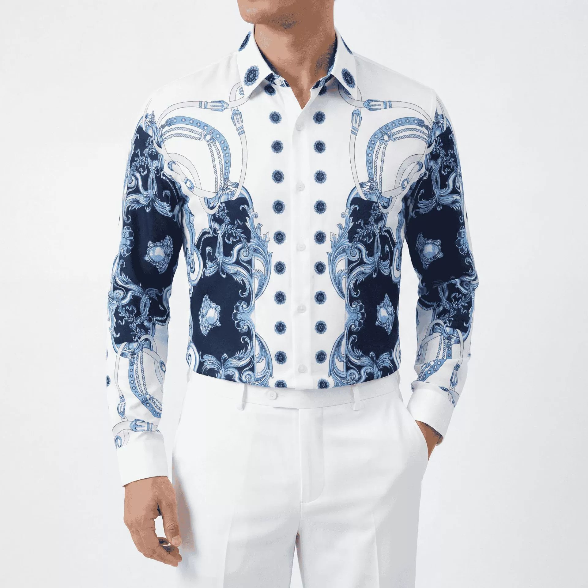 Baroque Chain Digital Print Rhinestone Long Sleeve Shirt — wholesale men's shirt from AUTOCNEX