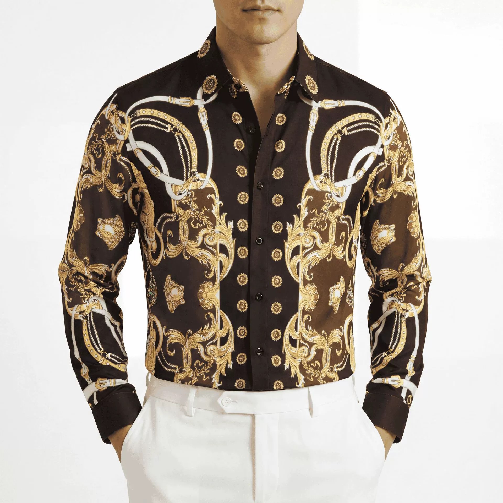 Baroque Chain Digital Print Rhinestone Long Sleeve Shirt view 2