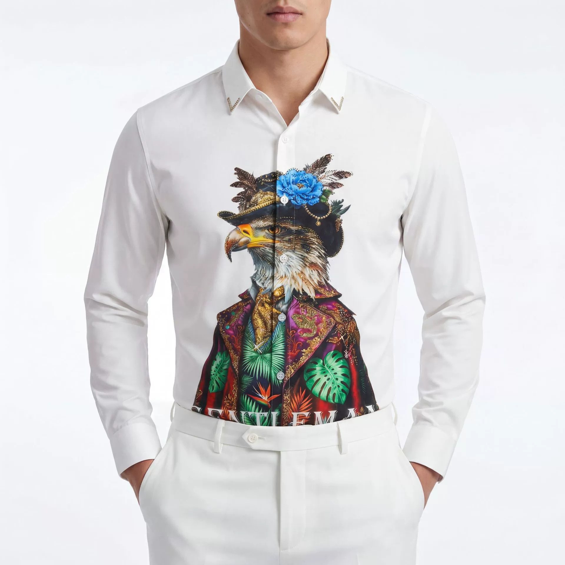 Eagle Head Rhinestone Digital Print Long Sleeve Shirt — wholesale men's shirt from AUTOCNEX