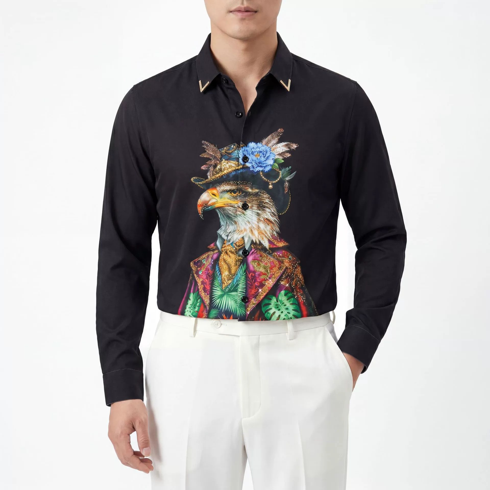 Eagle Head Rhinestone Digital Print Long Sleeve Shirt view 2