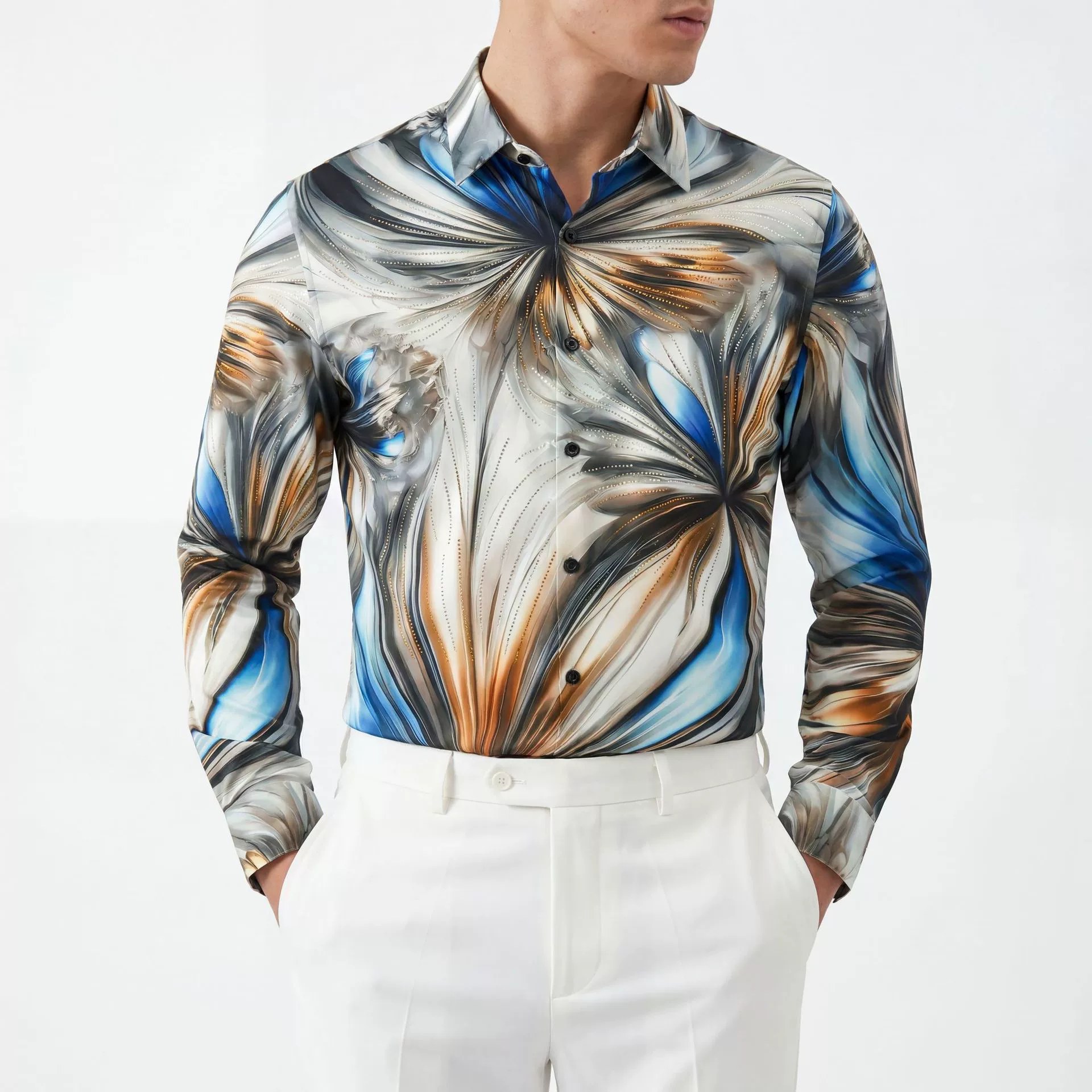 Gradient Rhinestone Digital Print Long Sleeve Shirt — wholesale men's shirt from AUTOCNEX