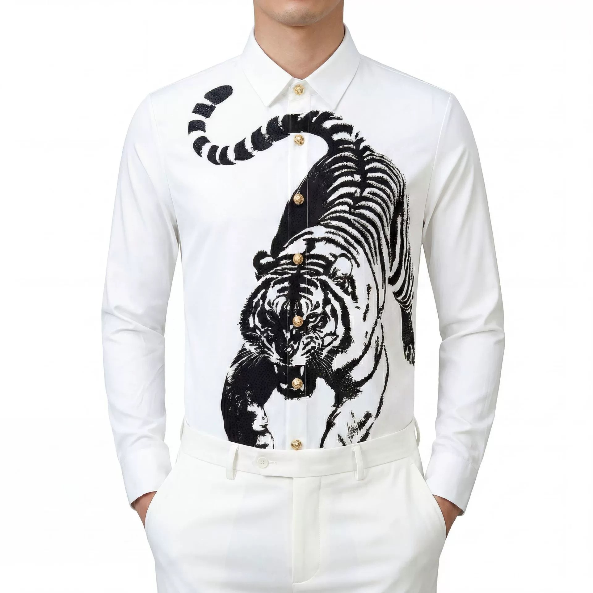 Ink Wash Tiger Digital Rhinestone Long Sleeve Shirt — wholesale men's shirt from AUTOCNEX