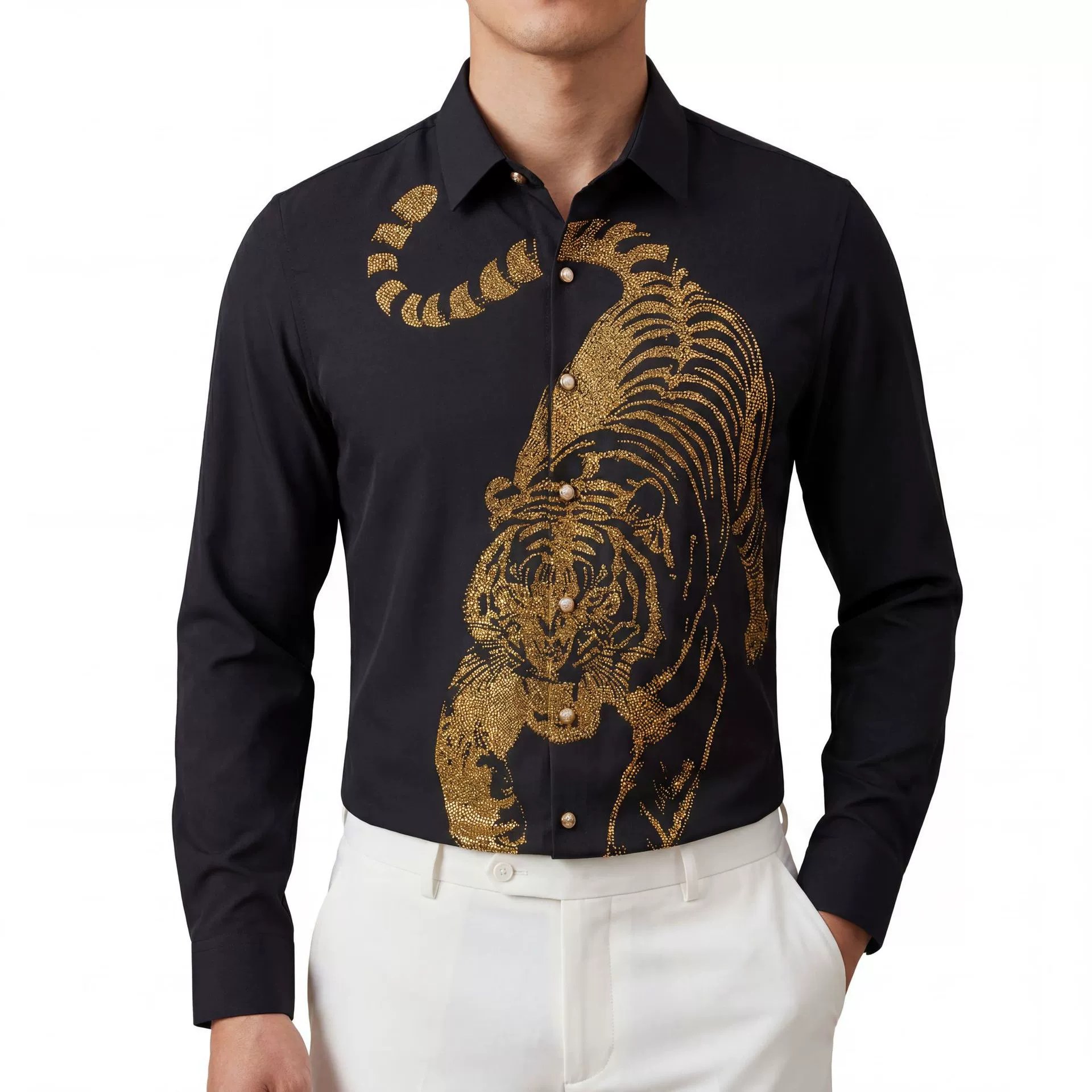 Ink Wash Tiger Digital Rhinestone Long Sleeve Shirt view 2