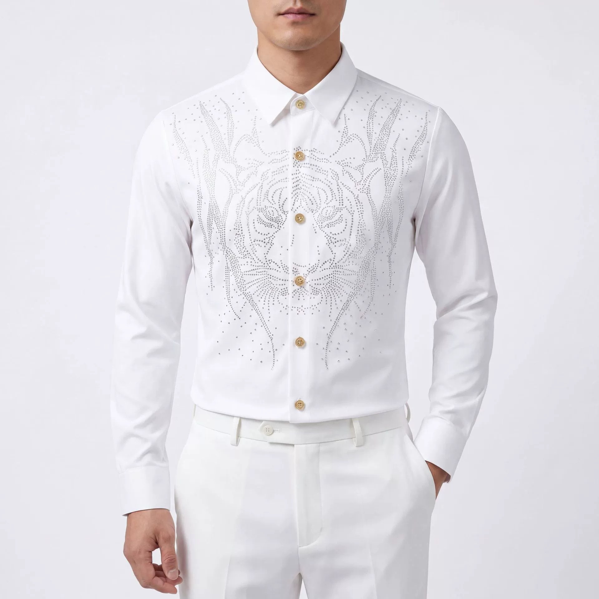 Starry Tiger Head Rhinestone Long Sleeve Shirt — wholesale men's shirt from AUTOCNEX