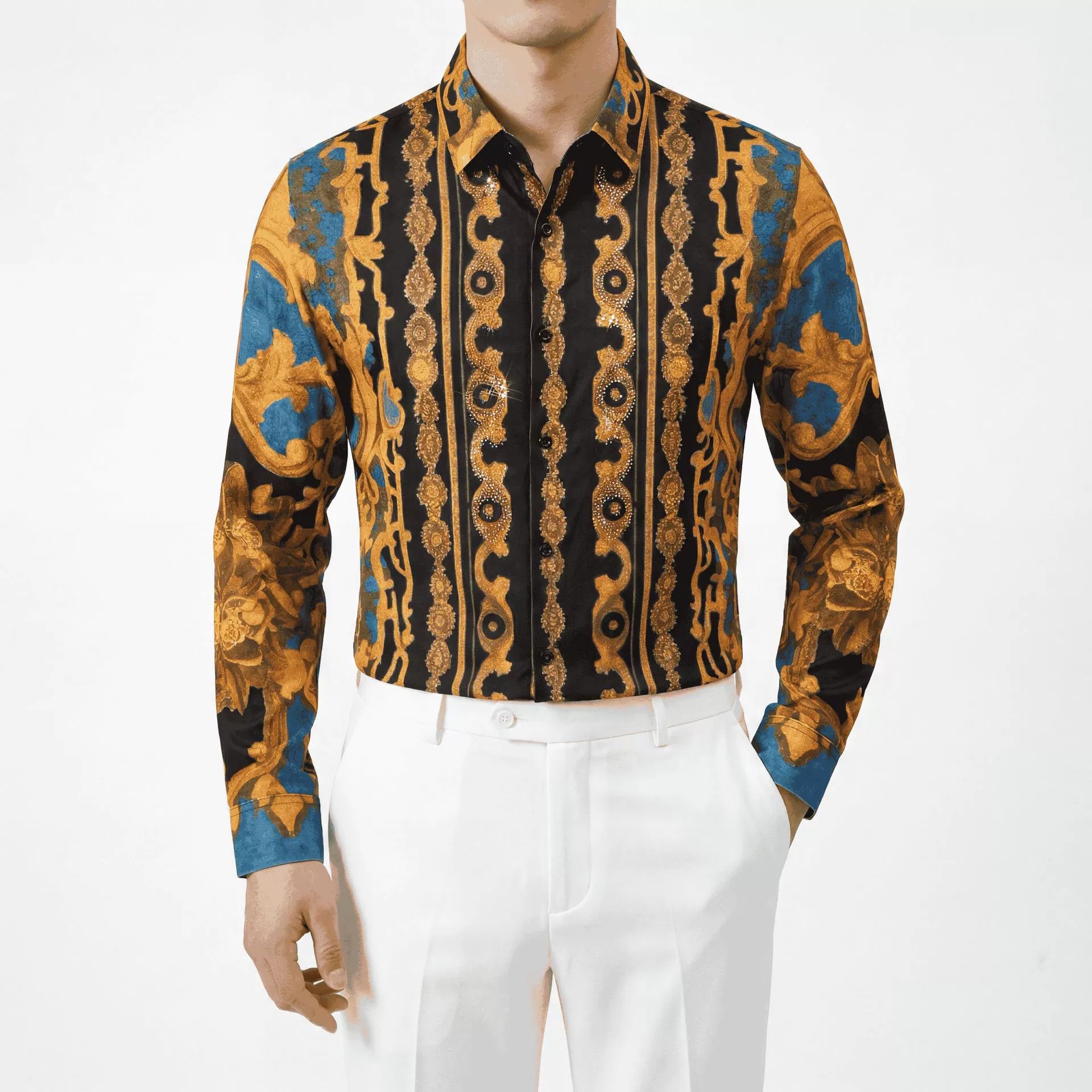 Palace Floral Vertical Stripe Rhinestone Print Long Sleeve Shirt — wholesale men's shirt from AUTOCNEX