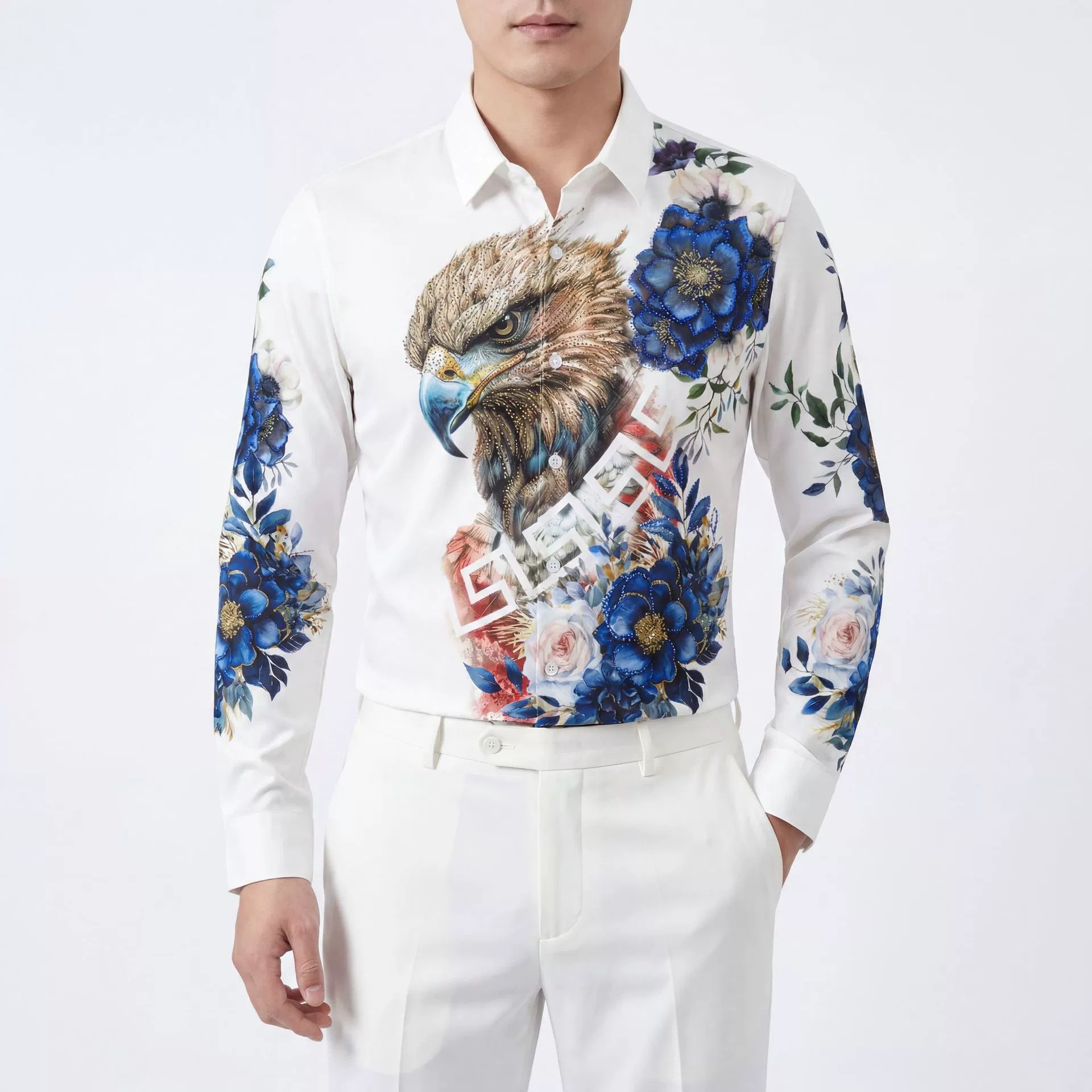 Eagle Floral Rhinestone Print Long Sleeve Shirt — wholesale men's shirt from AUTOCNEX