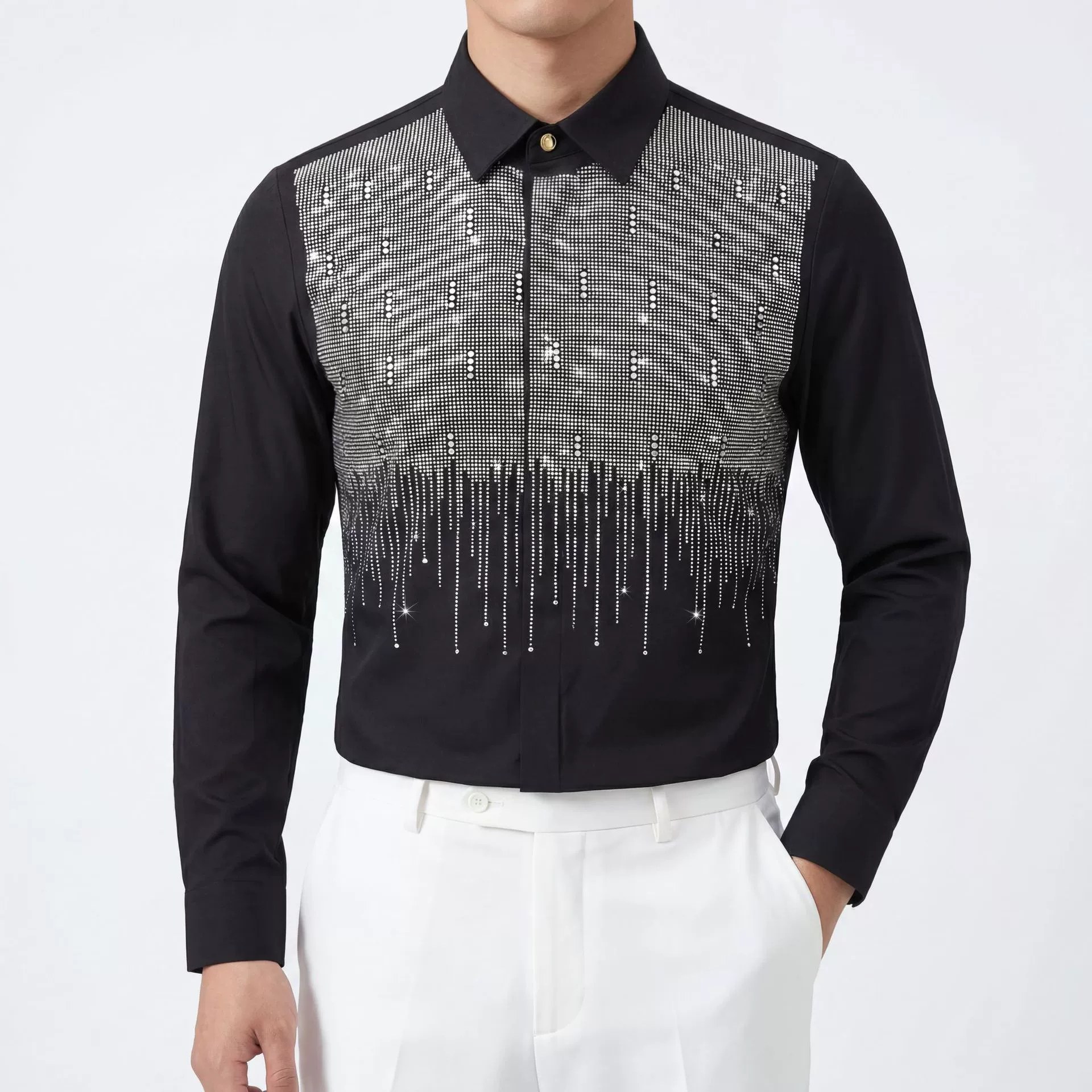 Light Luxury Rhinestone Waterfall Print Long Sleeve Shirt — wholesale men's shirt from AUTOCNEX