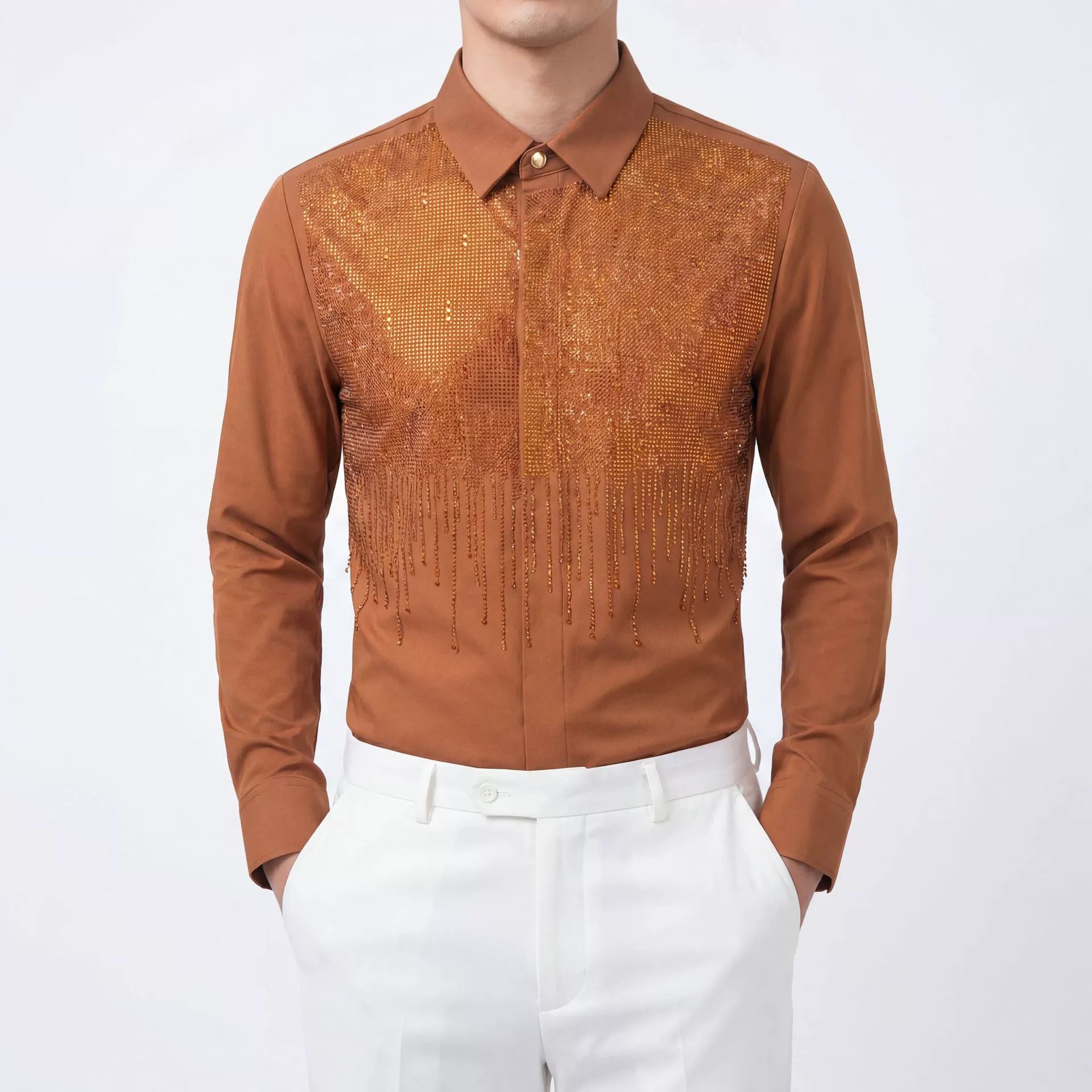 Light Luxury Rhinestone Waterfall Print Long Sleeve Shirt view 4