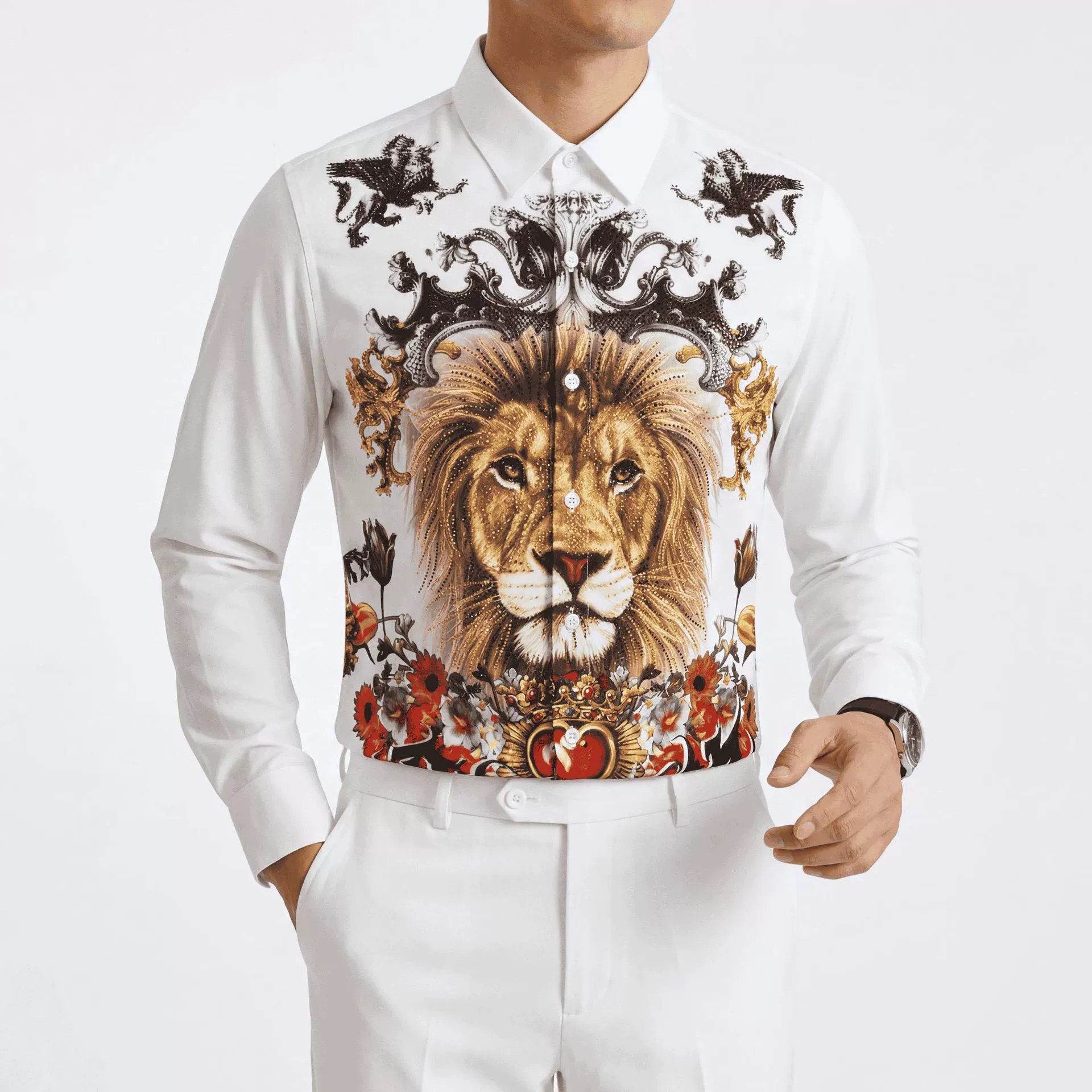 Premium Rhinestone Crown Lion Digital Print Shirt — wholesale men's shirt from AUTOCNEX
