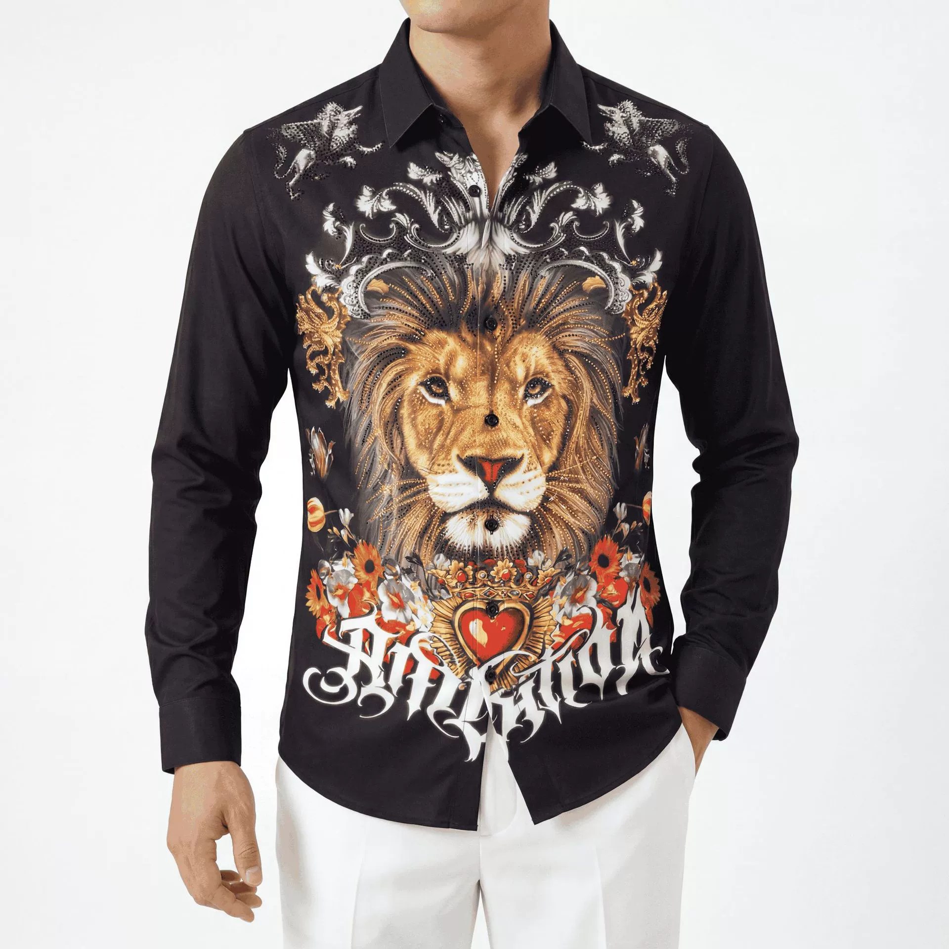 Premium Rhinestone Crown Lion Digital Print Shirt view 2
