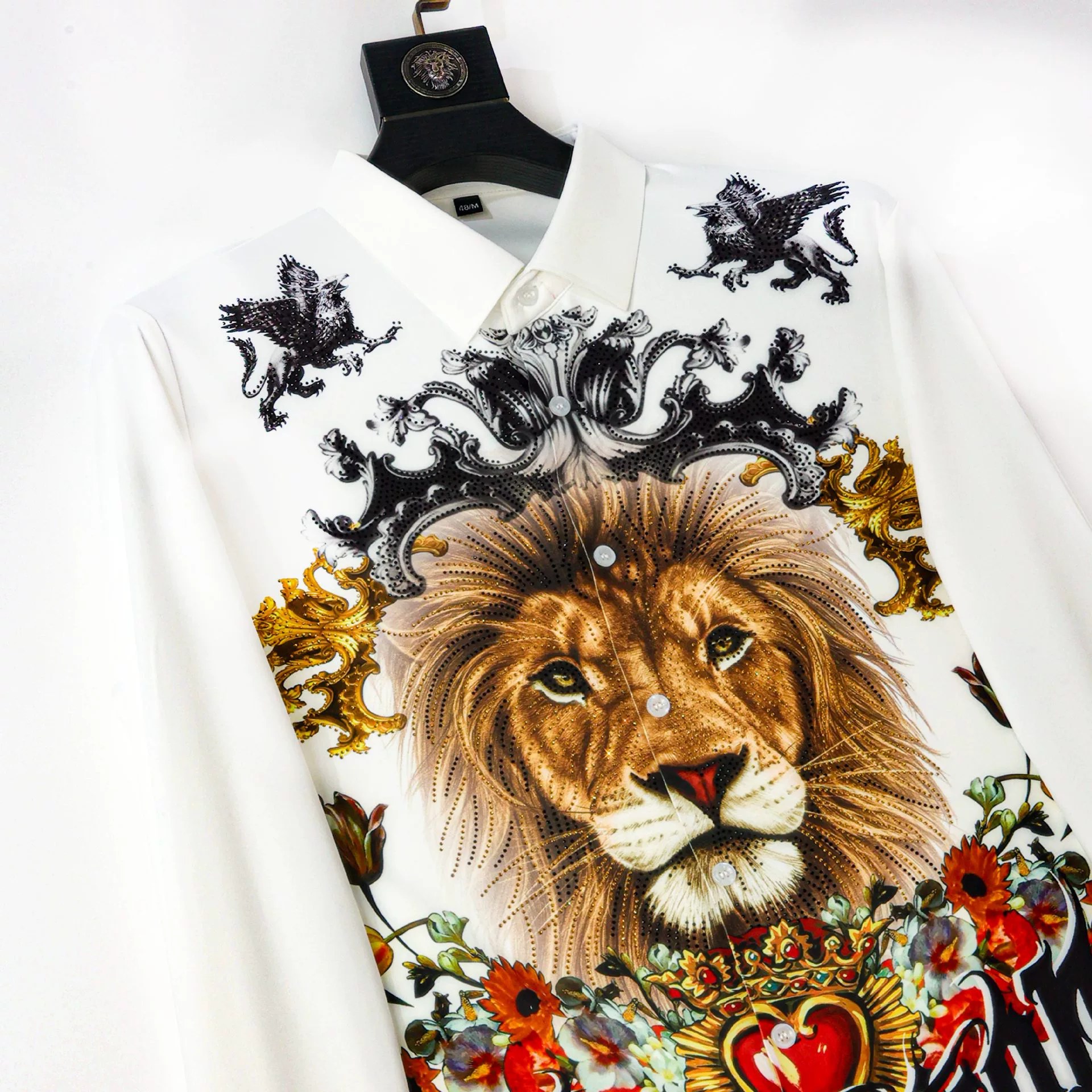 Premium Rhinestone Crown Lion Digital Print Shirt view 3
