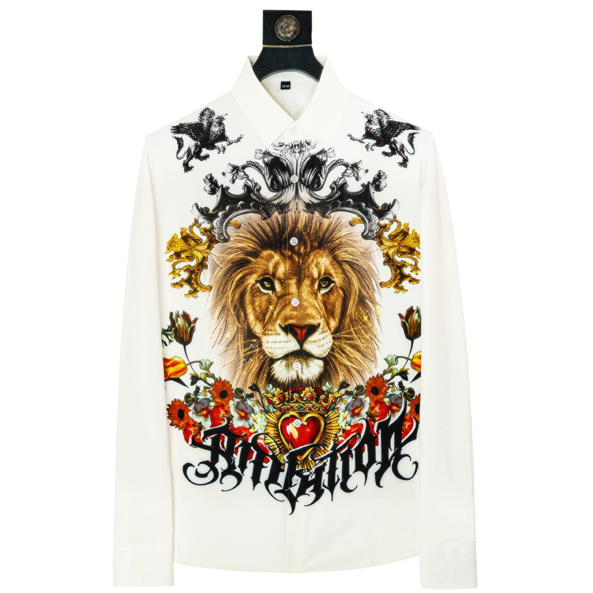 Premium Rhinestone Crown Lion Digital Print Shirt view 6