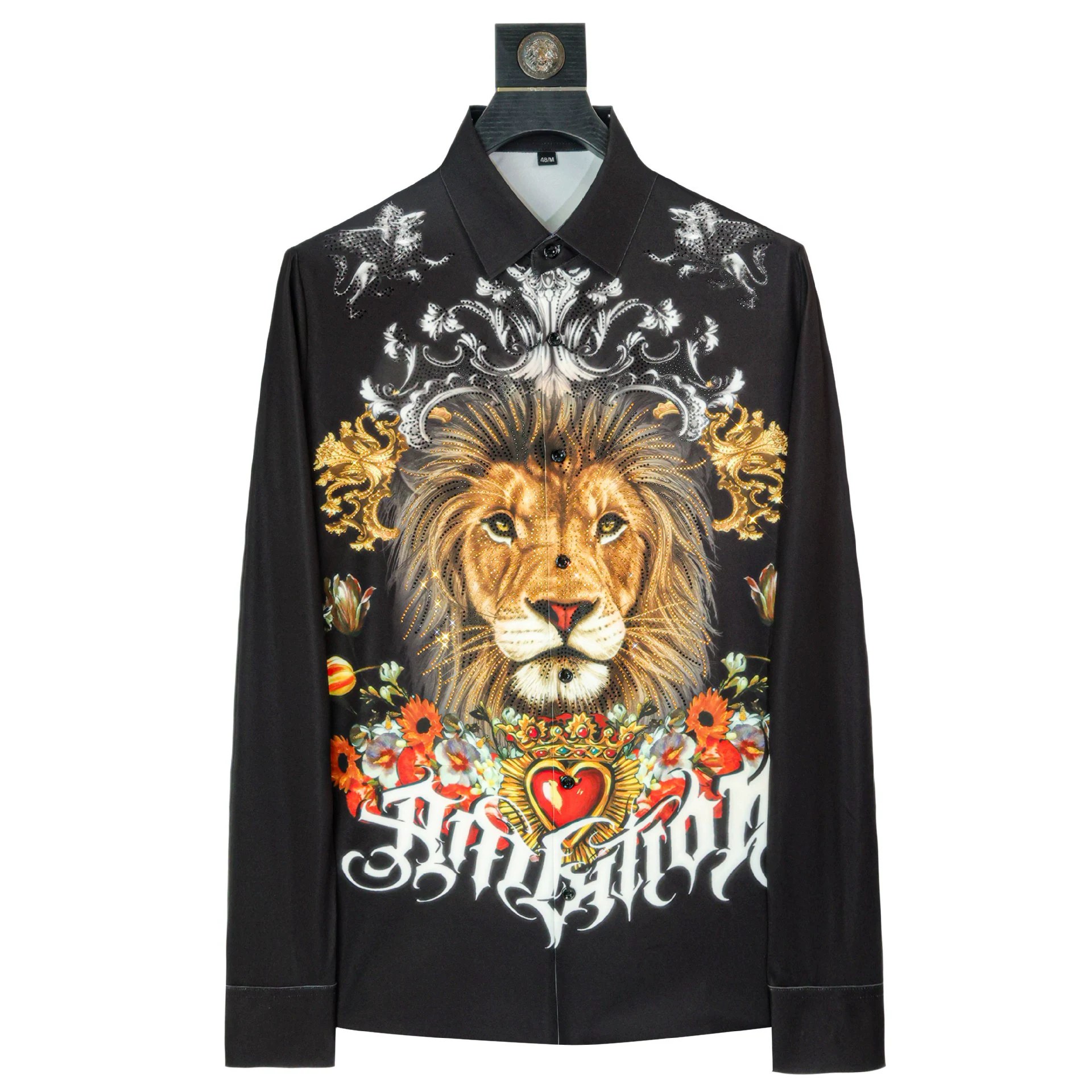 Premium Rhinestone Crown Lion Digital Print Shirt view 7