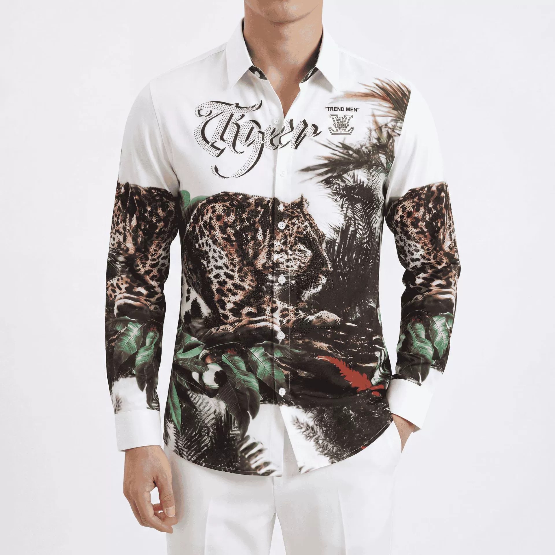 Premium Leopard Rhinestone Digital Print Long Sleeve Shirt — wholesale men's shirt from AUTOCNEX