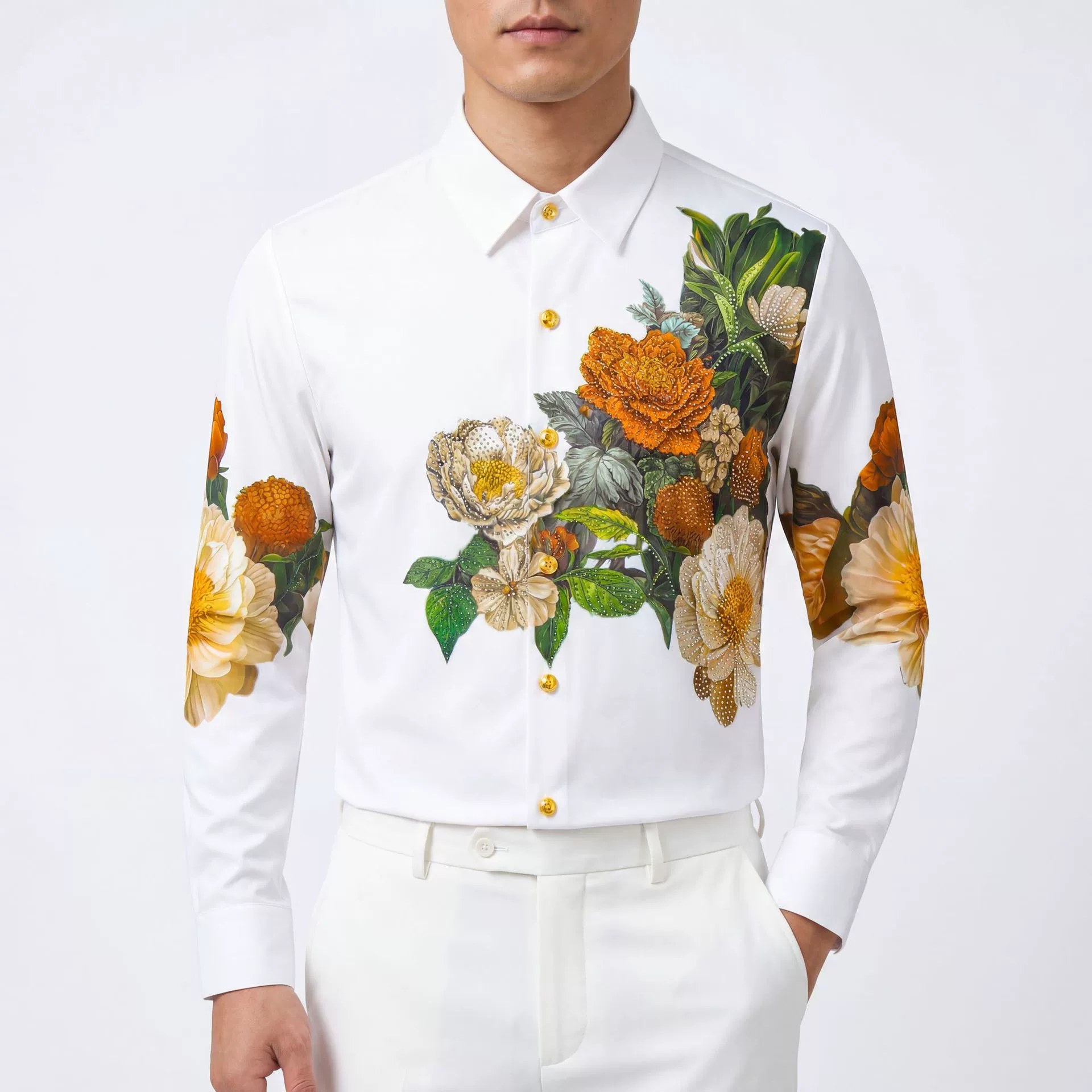 Premium Peony Rhinestone Digital Print Long Sleeve Shirt — wholesale men's shirt from AUTOCNEX