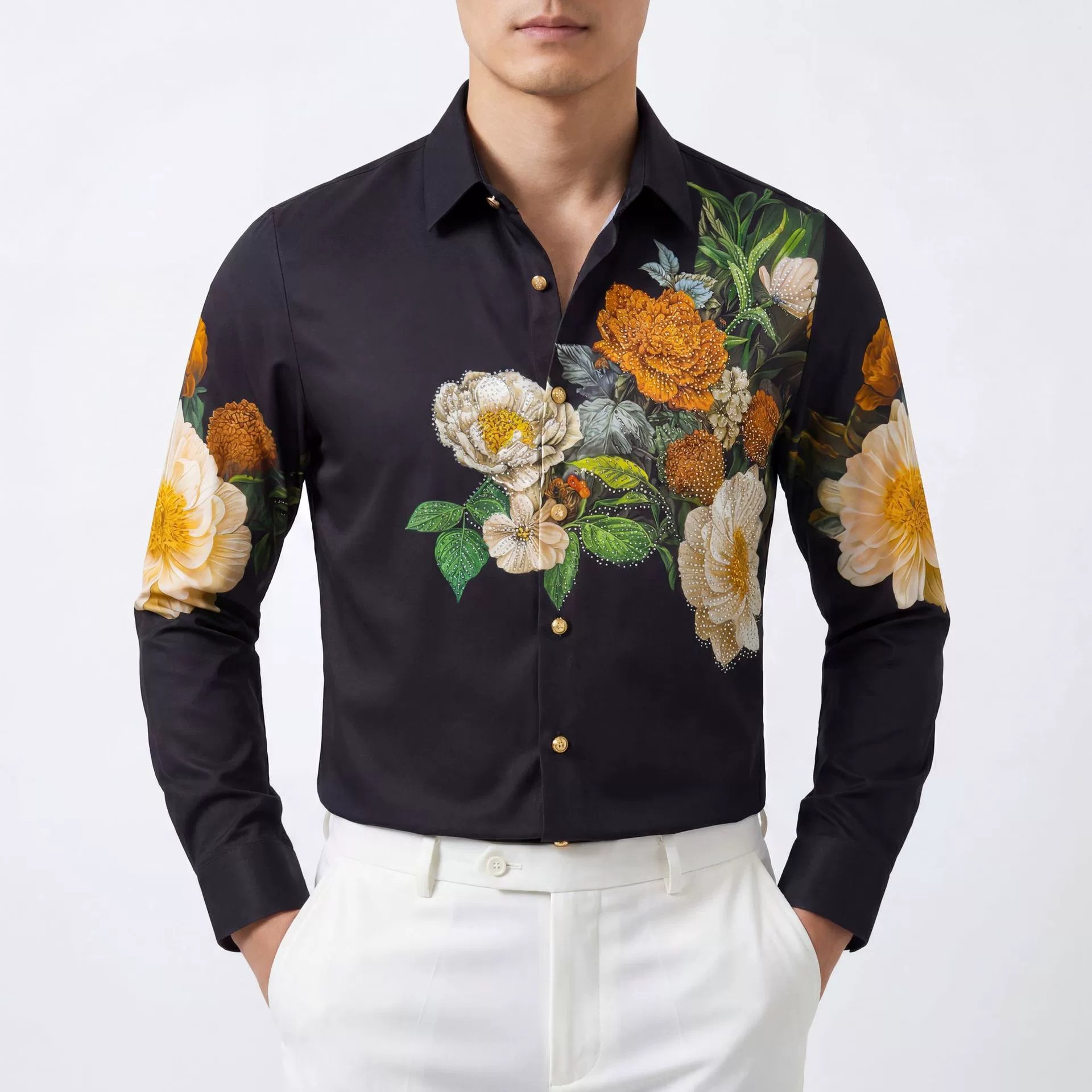 Premium Peony Rhinestone Digital Print Long Sleeve Shirt view 2