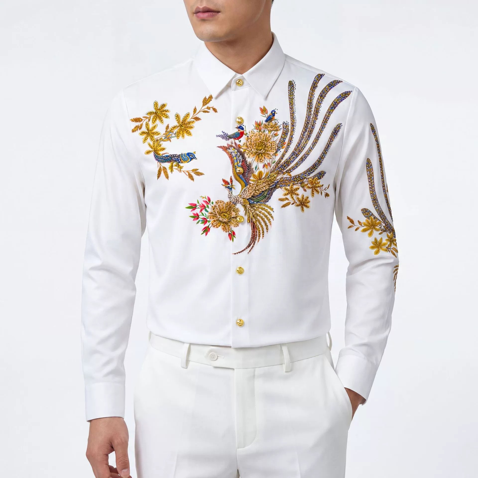 Premium Chinese Phoenix Rhinestone Long Sleeve Shirt — wholesale men's shirt from AUTOCNEX