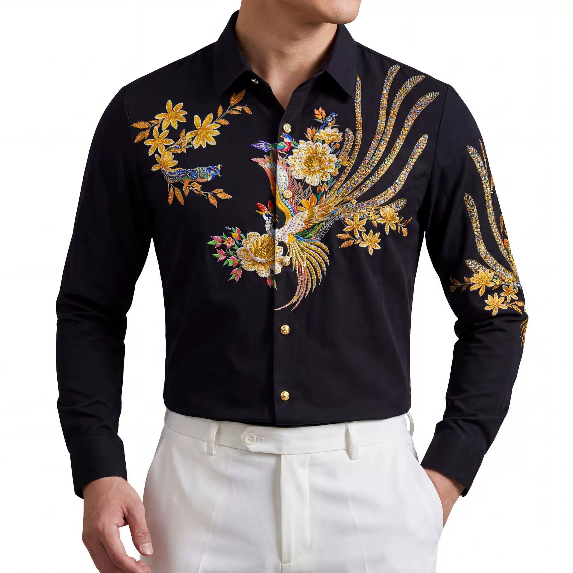 Premium Chinese Phoenix Rhinestone Long Sleeve Shirt view 2