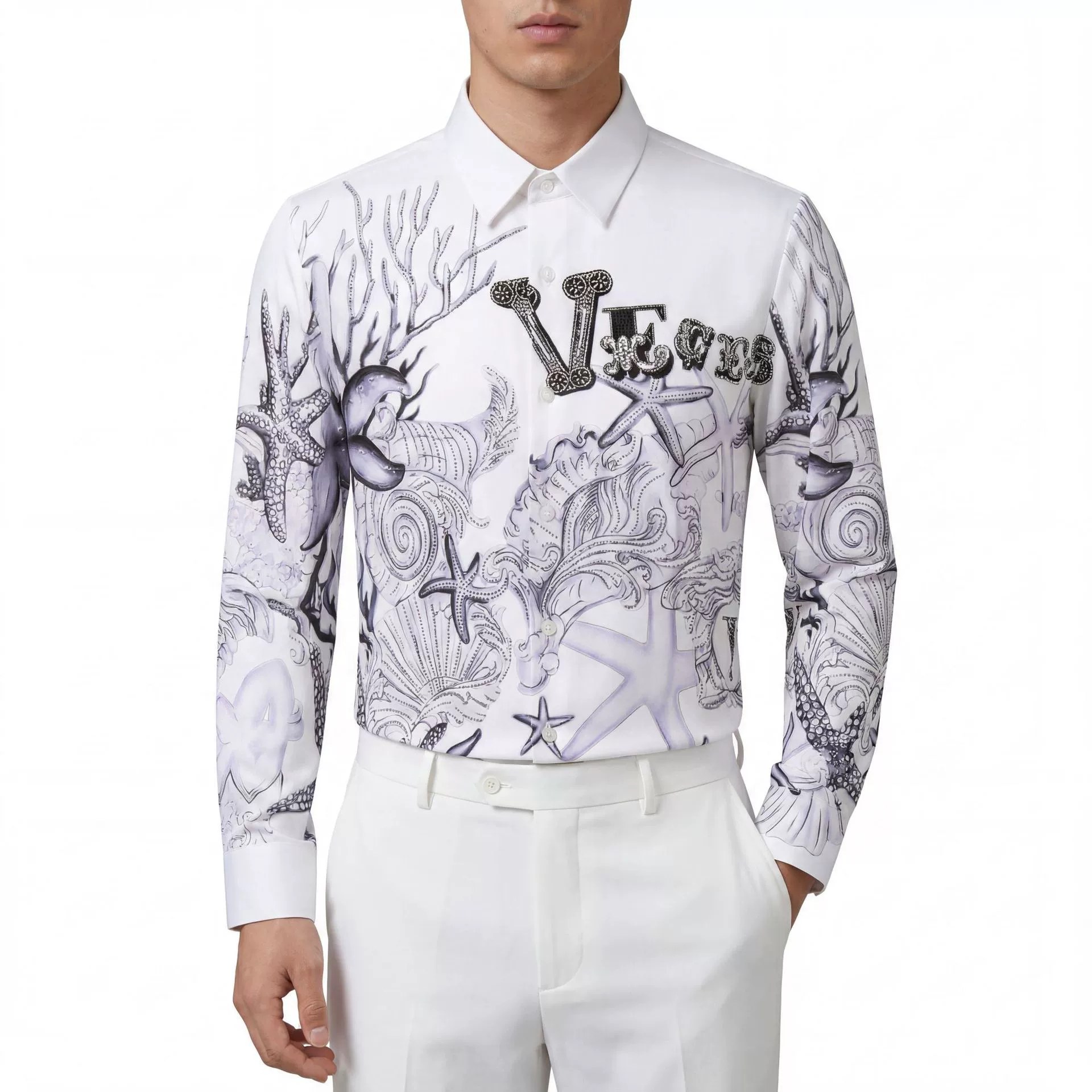 Premium Starfish Letter Rhinestone Digital Print Shirt — wholesale men's shirt from AUTOCNEX