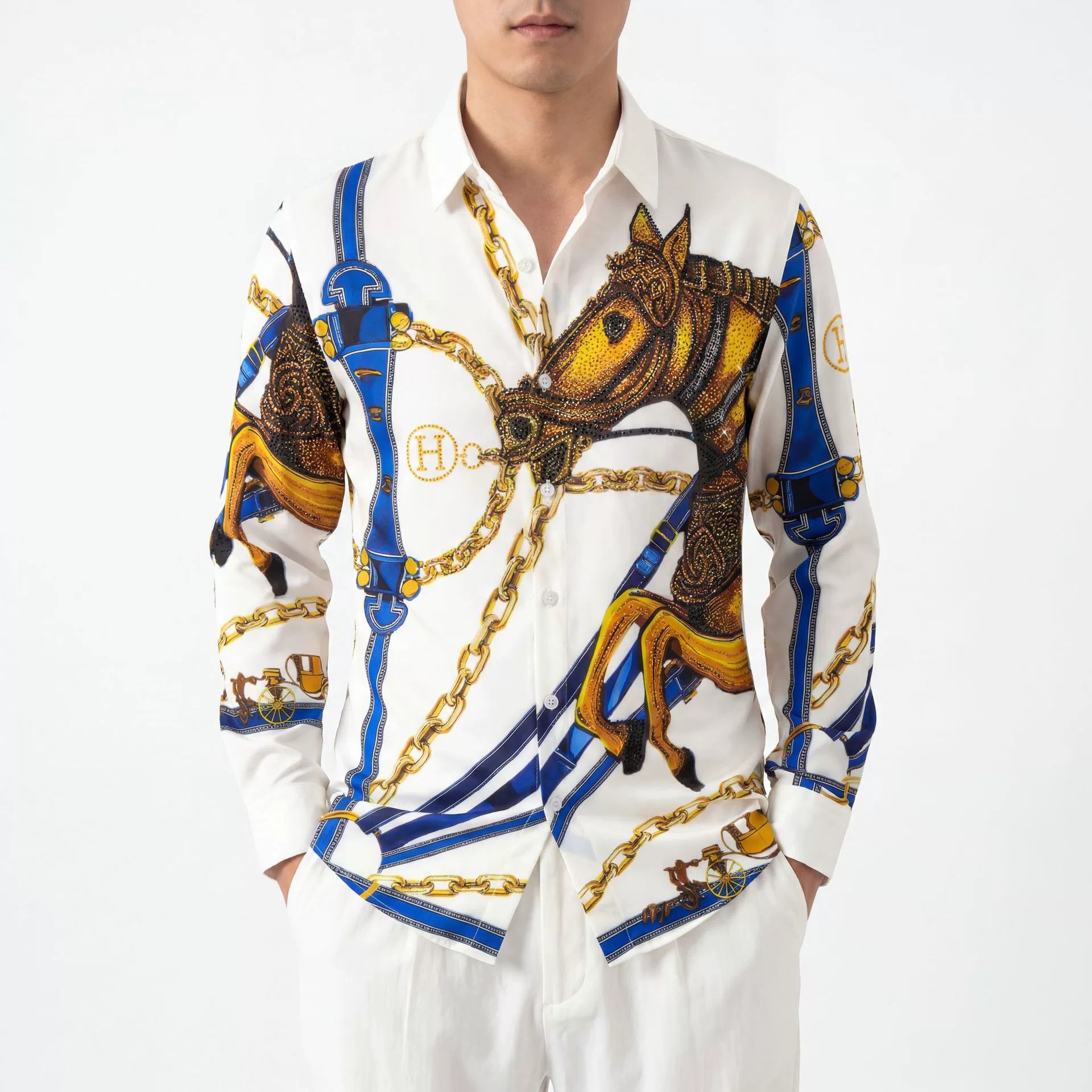 Premium Horse Rhinestone Digital Print Long Sleeve Shirt — wholesale men's shirt from AUTOCNEX