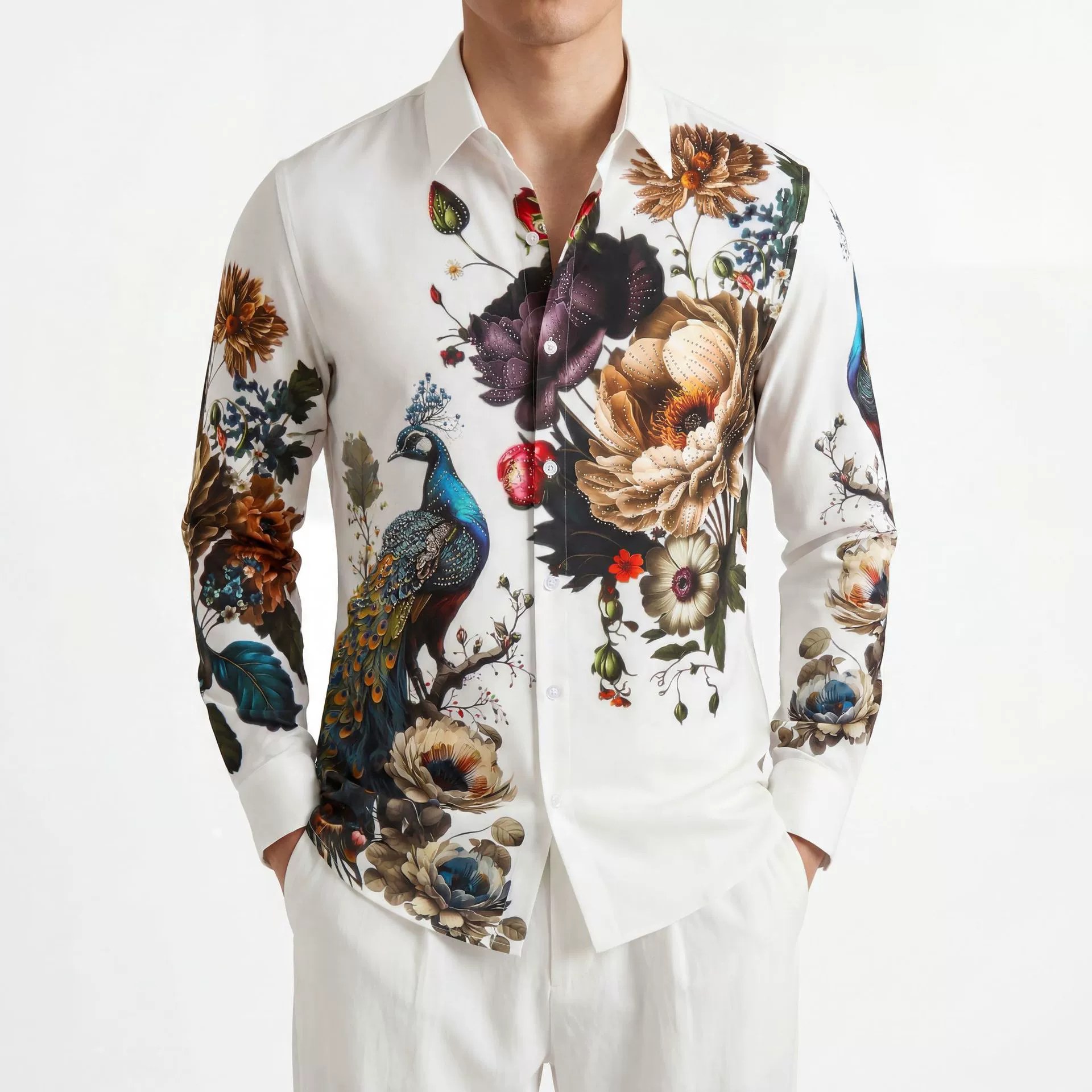 Premium Floral Peacock Rhinestone Digital Print Shirt — wholesale men's shirt from AUTOCNEX