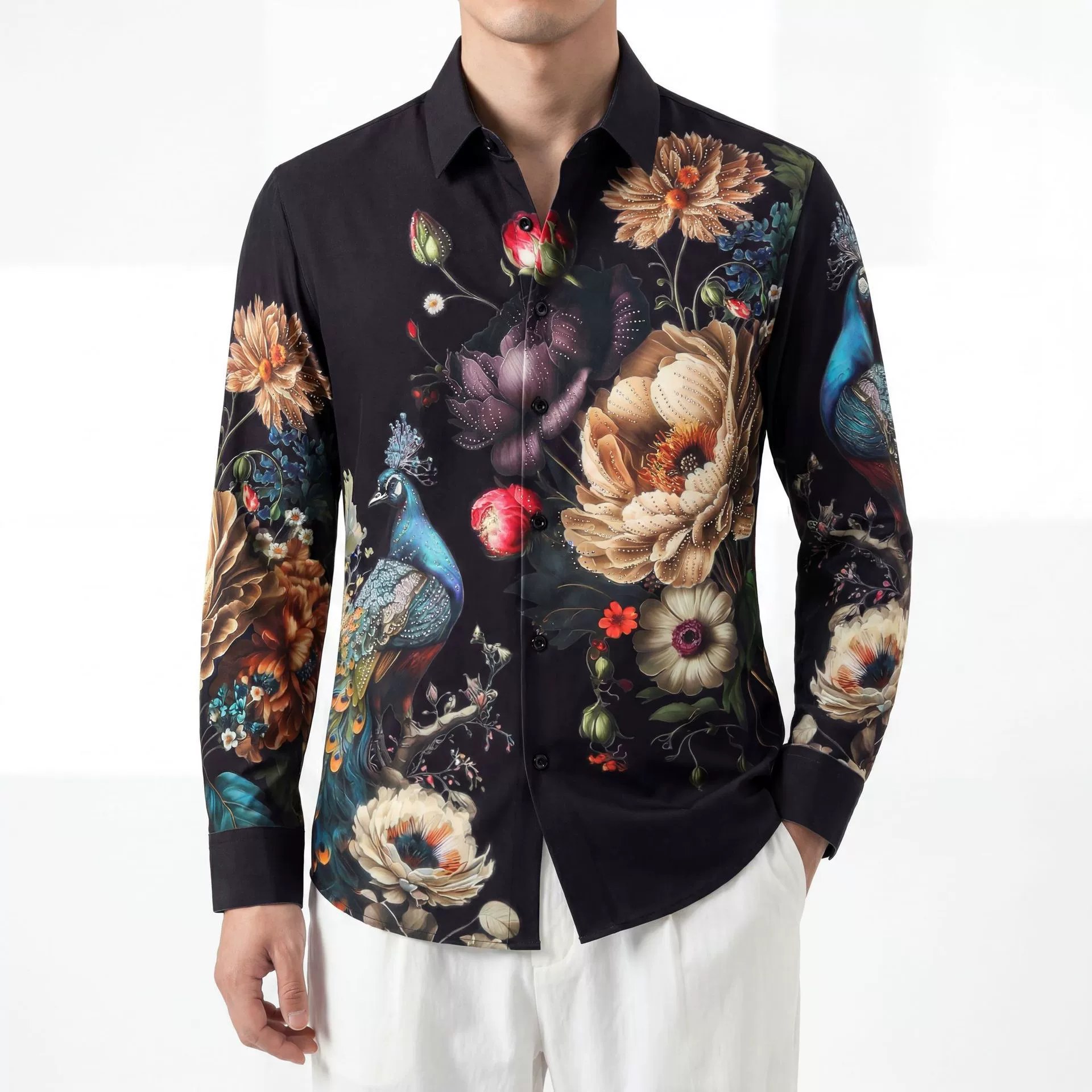 Premium Floral Peacock Rhinestone Digital Print Shirt view 2