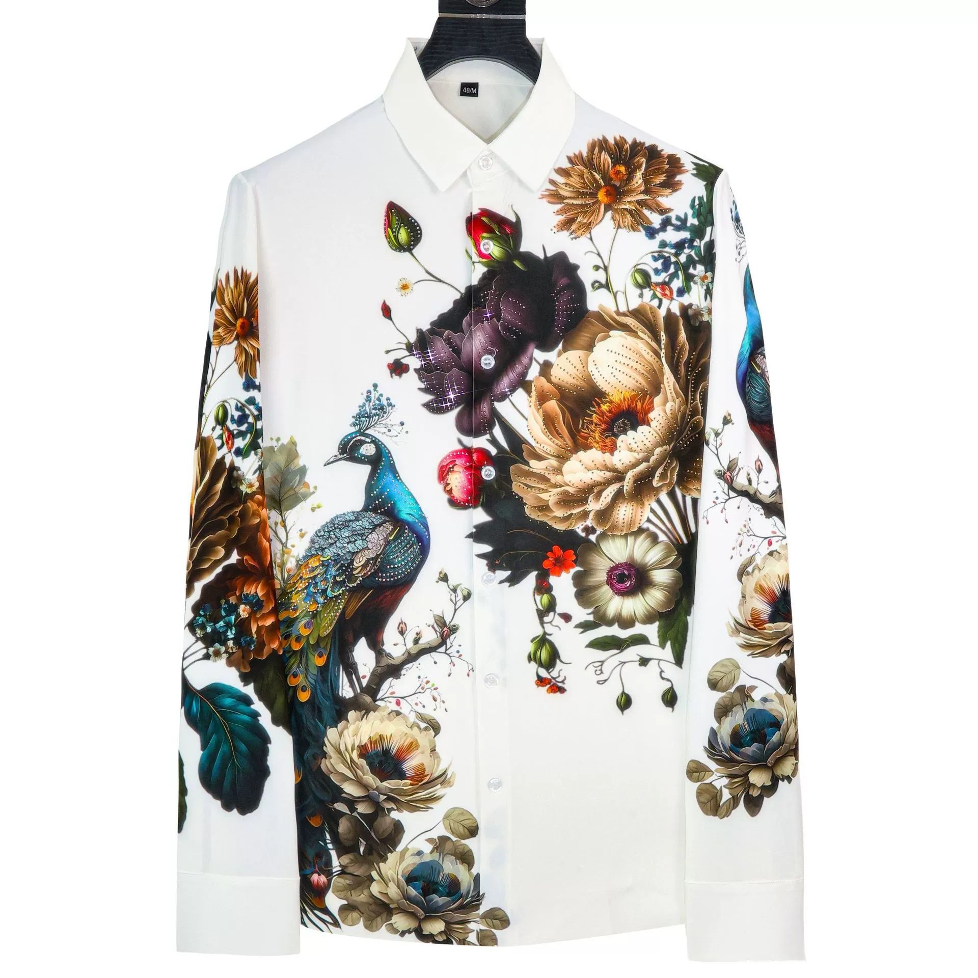 Premium Floral Peacock Rhinestone Digital Print Shirt view 5