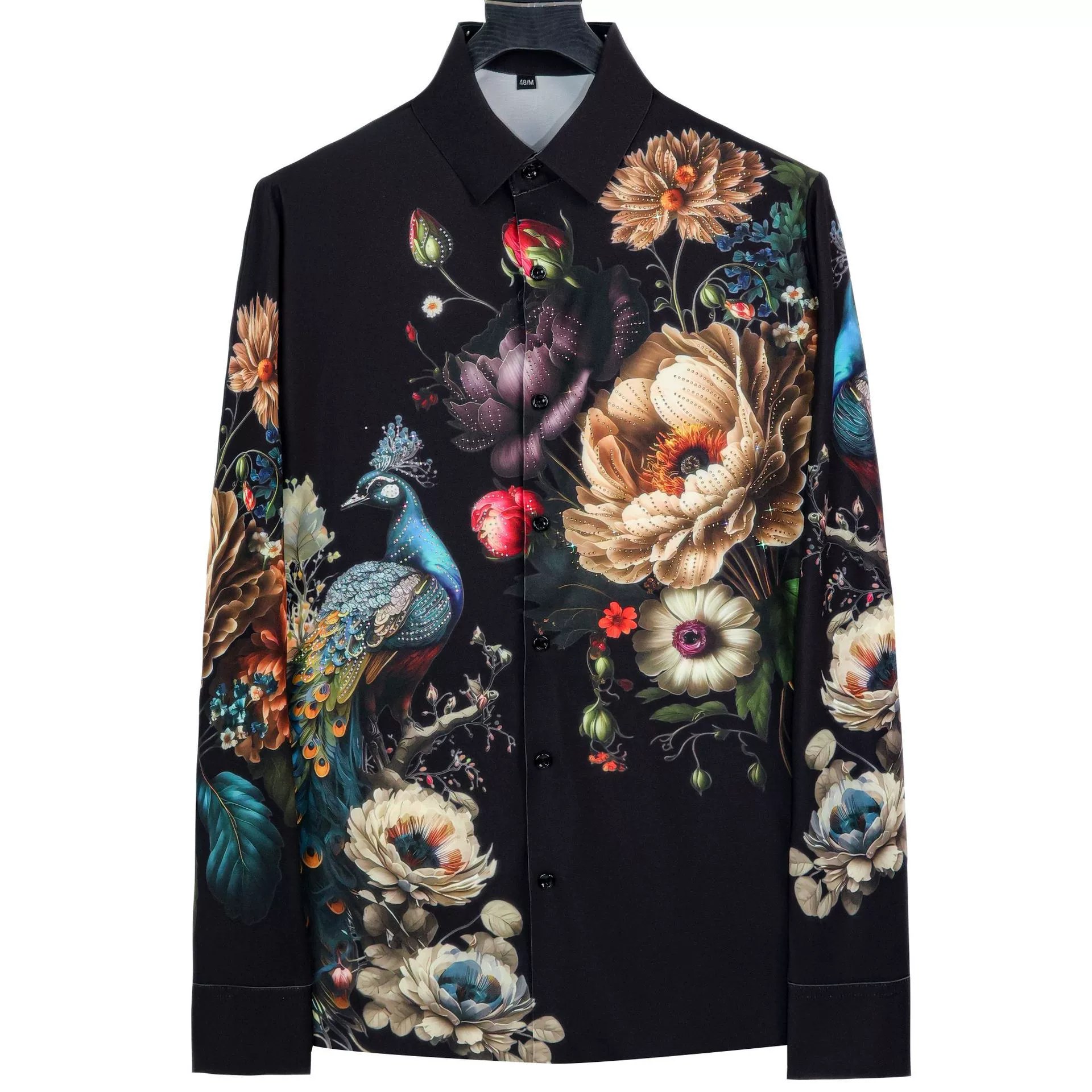 Premium Floral Peacock Rhinestone Digital Print Shirt view 7