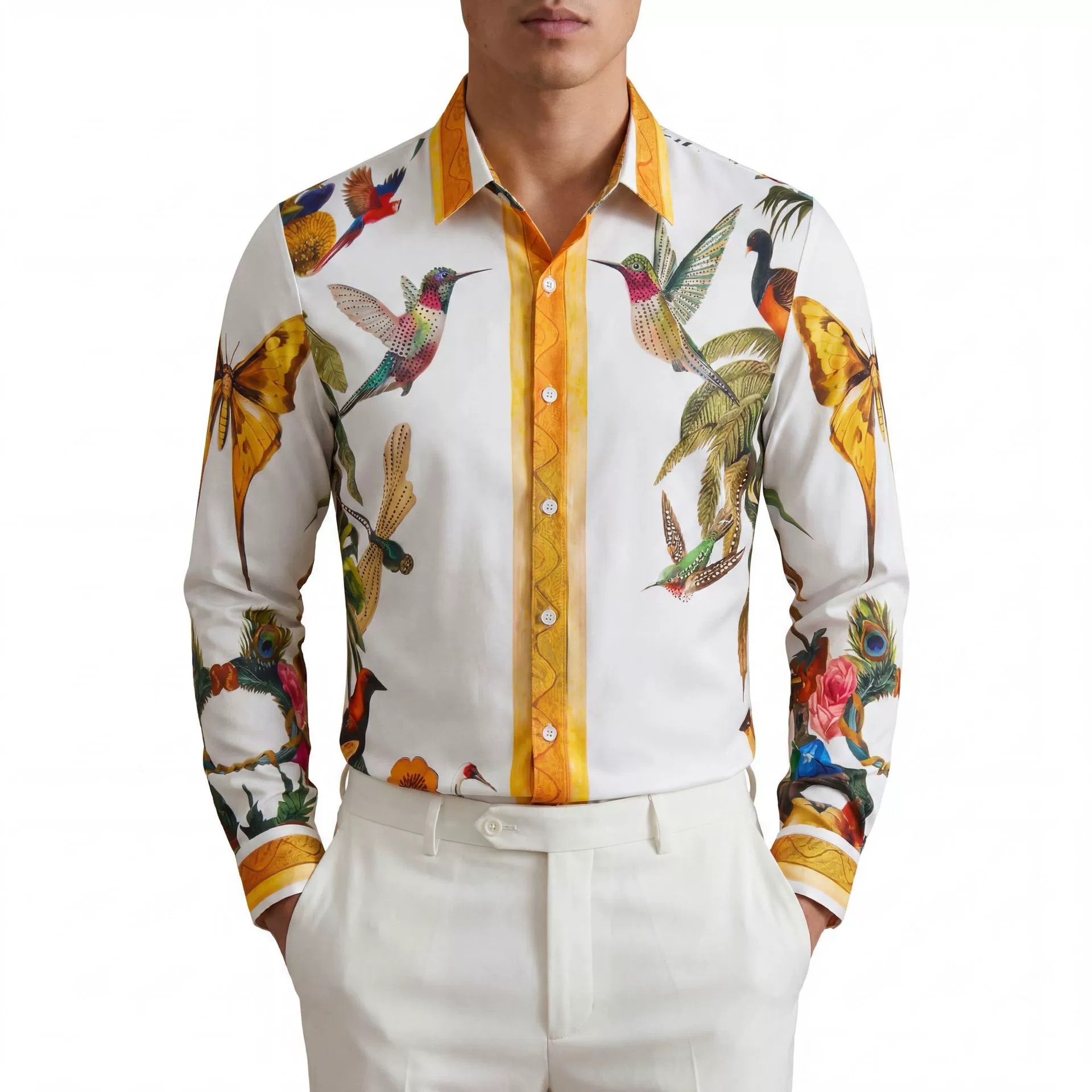 Premium Hummingbird Floral Rhinestone Digital Print Shirt — wholesale men's shirt from AUTOCNEX