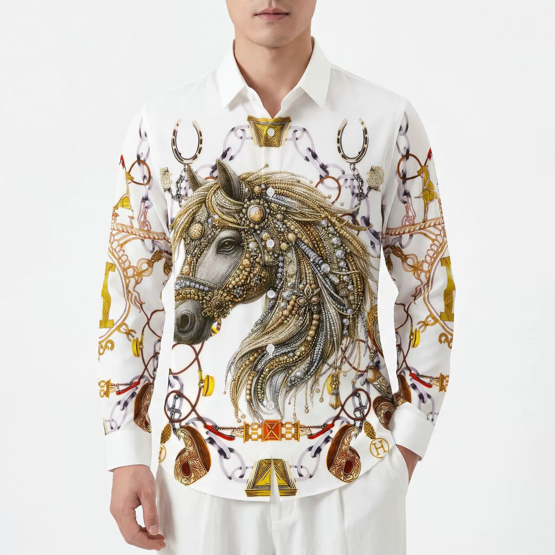 Premium Golden Horse Rhinestone Digital Print Long Sleeve Shirt — wholesale men's shirt from AUTOCNEX