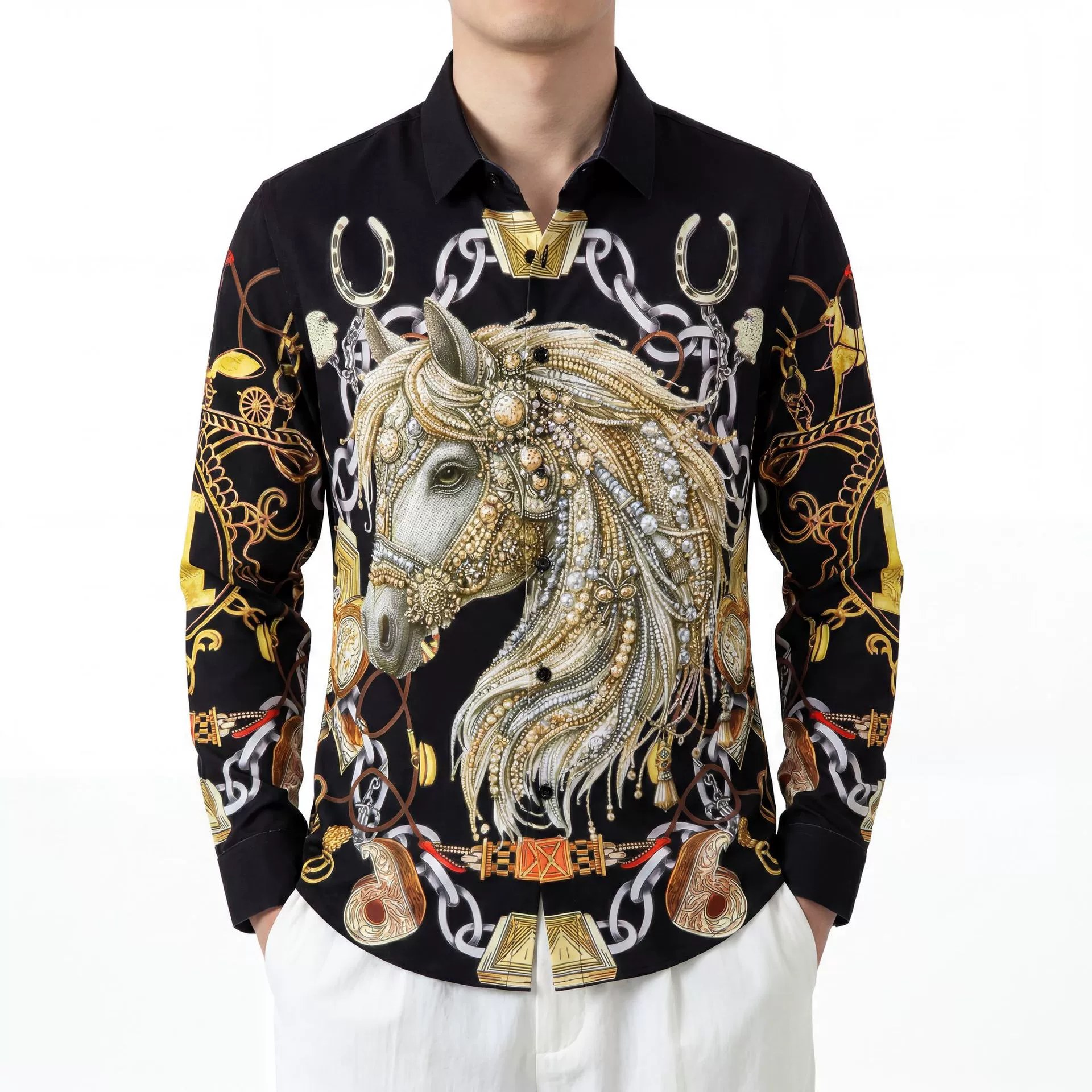 Premium Golden Horse Rhinestone Digital Print Long Sleeve Shirt view 2