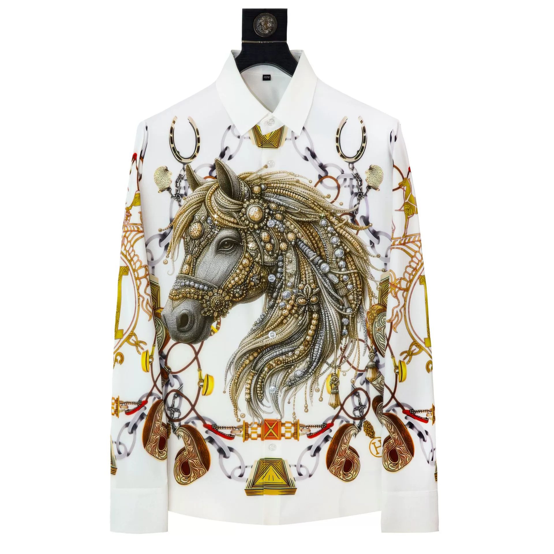 Premium Golden Horse Rhinestone Digital Print Long Sleeve Shirt view 6