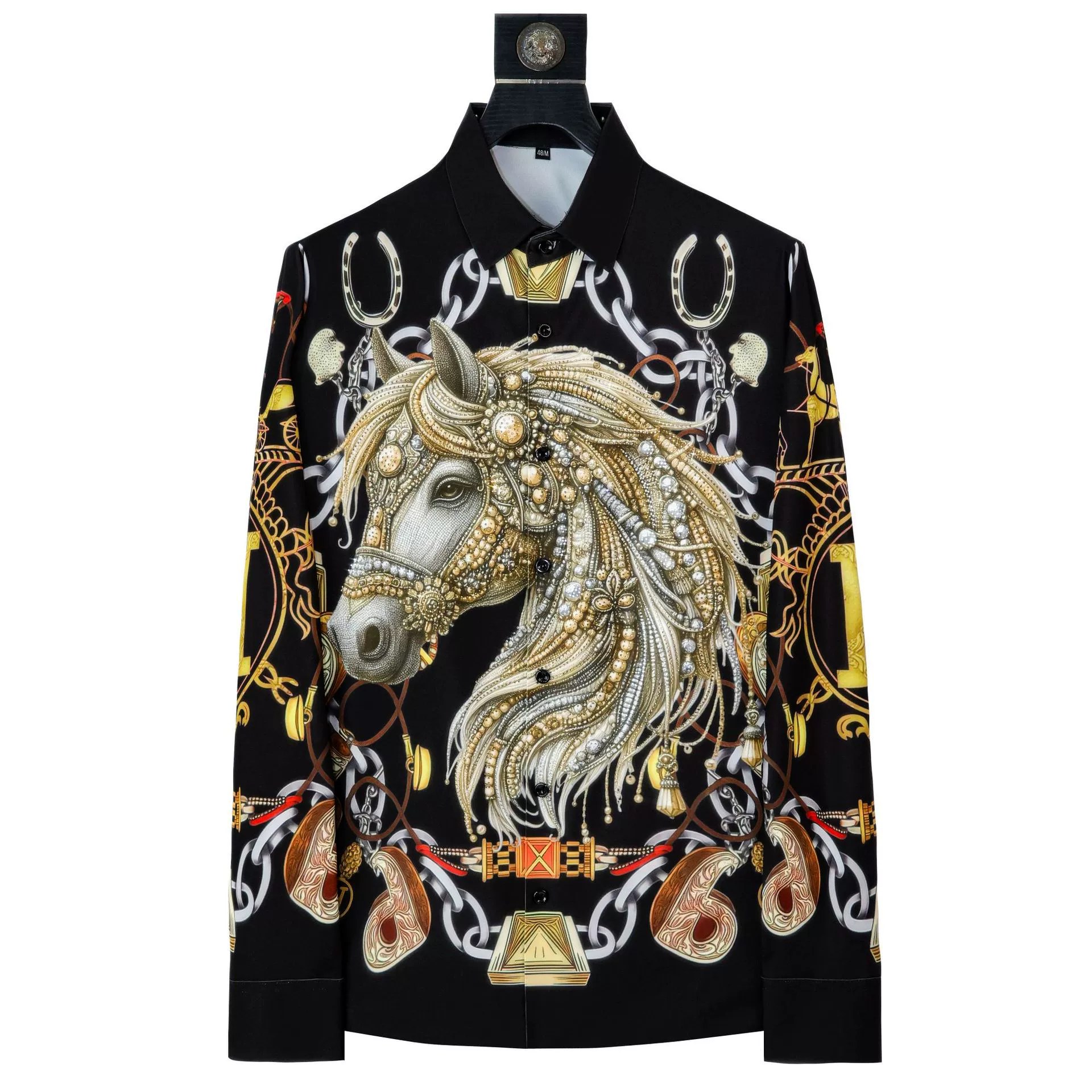 Premium Golden Horse Rhinestone Digital Print Long Sleeve Shirt view 7